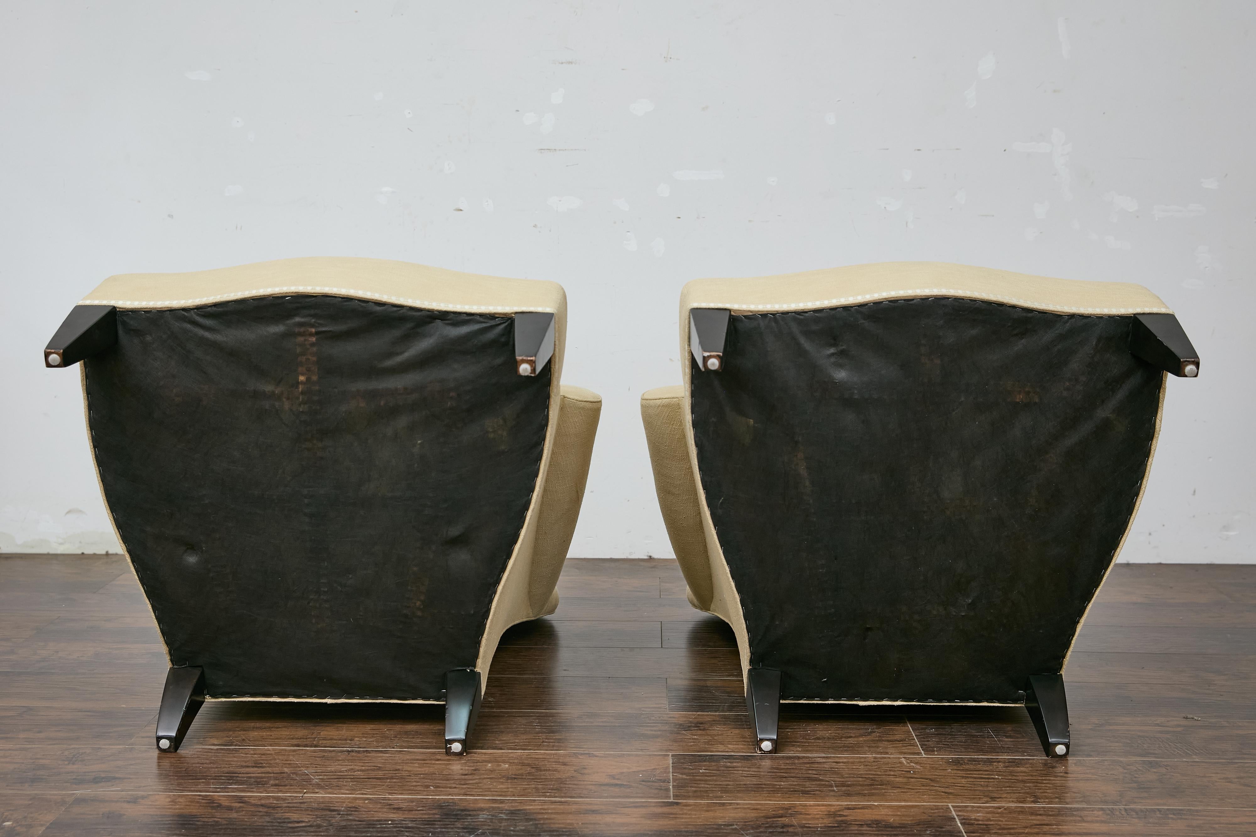 Pair of Vintage French Lounge Chairs with Camelbacks, Rolled Arms, Ebonized Legs For Sale 9