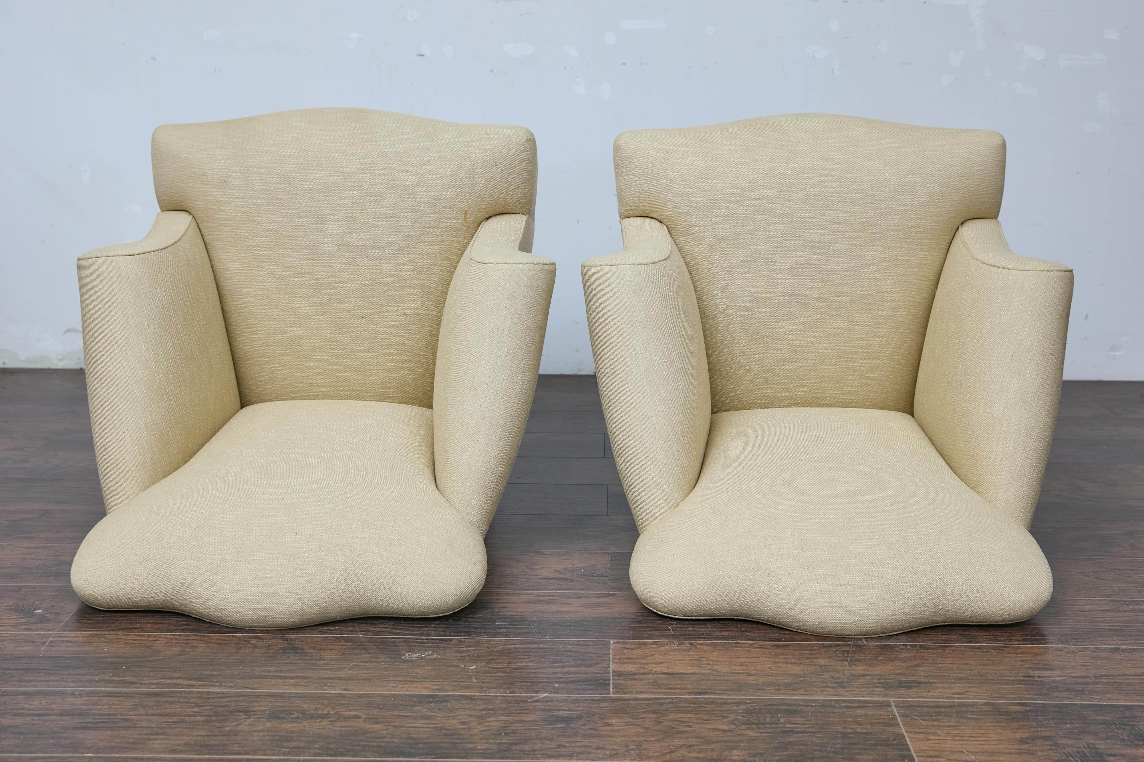 Pair of Vintage French Lounge Chairs with Camelbacks, Rolled Arms, Ebonized Legs For Sale 10