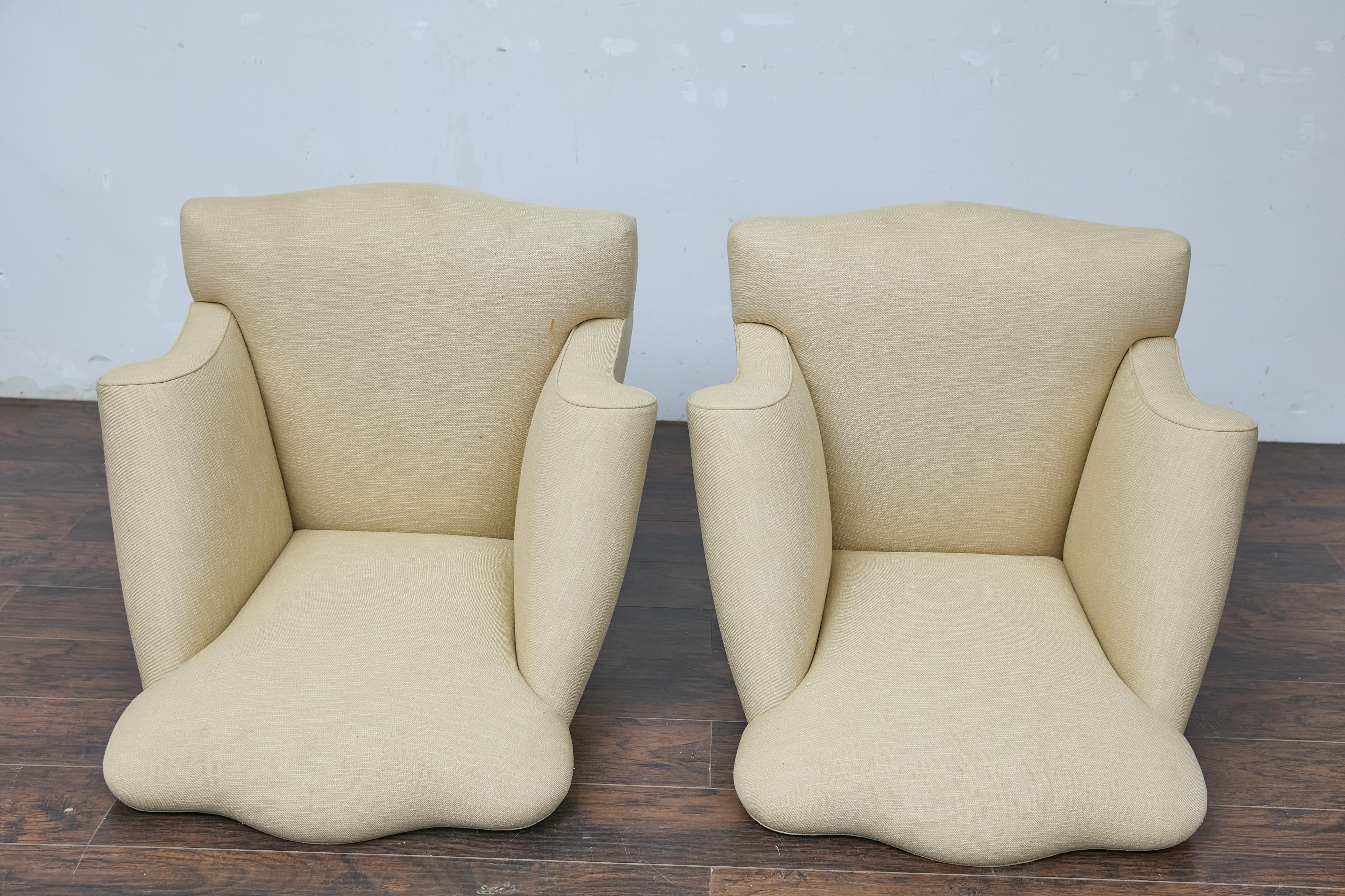 Pair of Vintage French Lounge Chairs with Camelbacks, Rolled Arms, Ebonized Legs For Sale 11