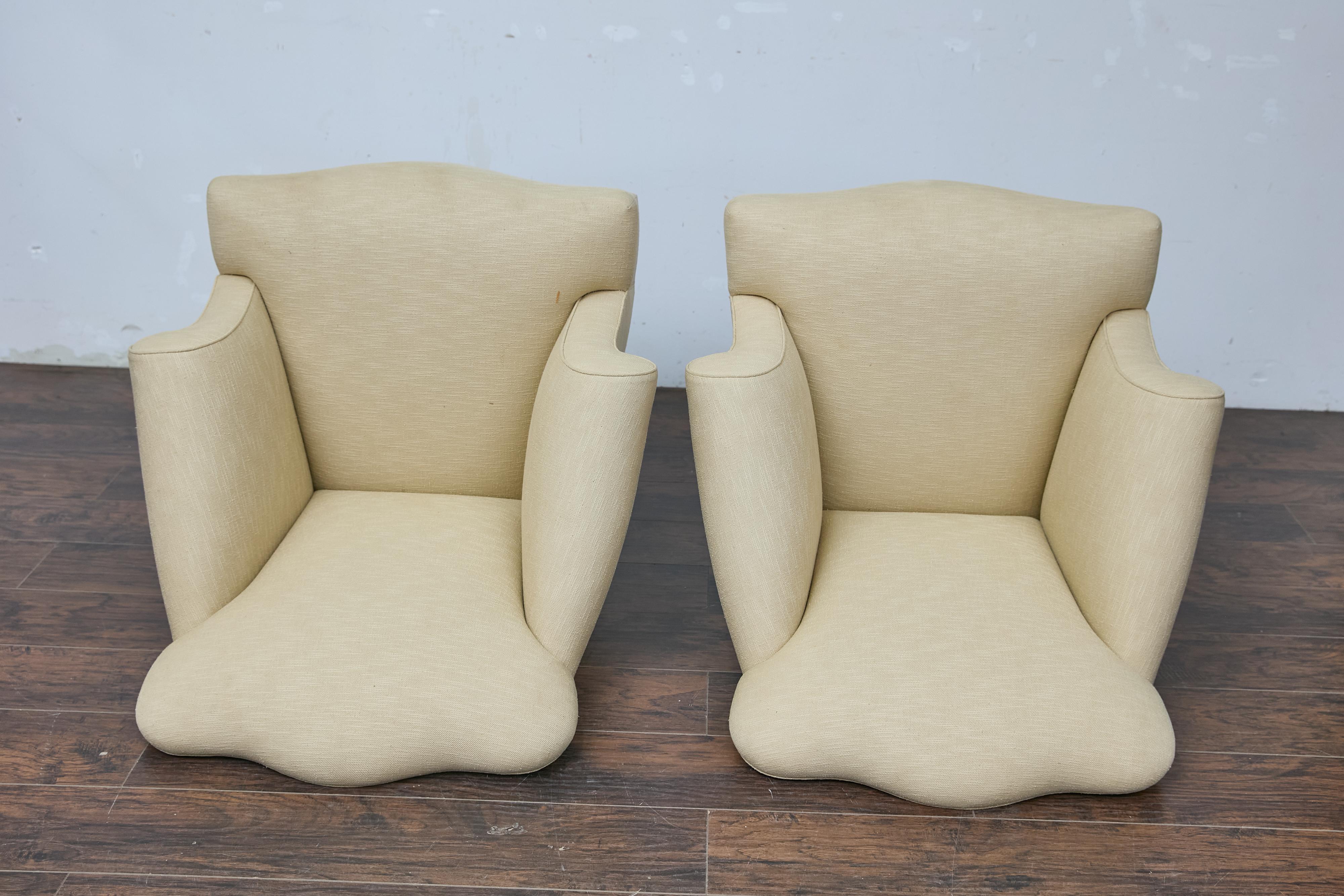 Pair of Vintage French Lounge Chairs with Camelbacks, Rolled Arms, Ebonized Legs For Sale 12