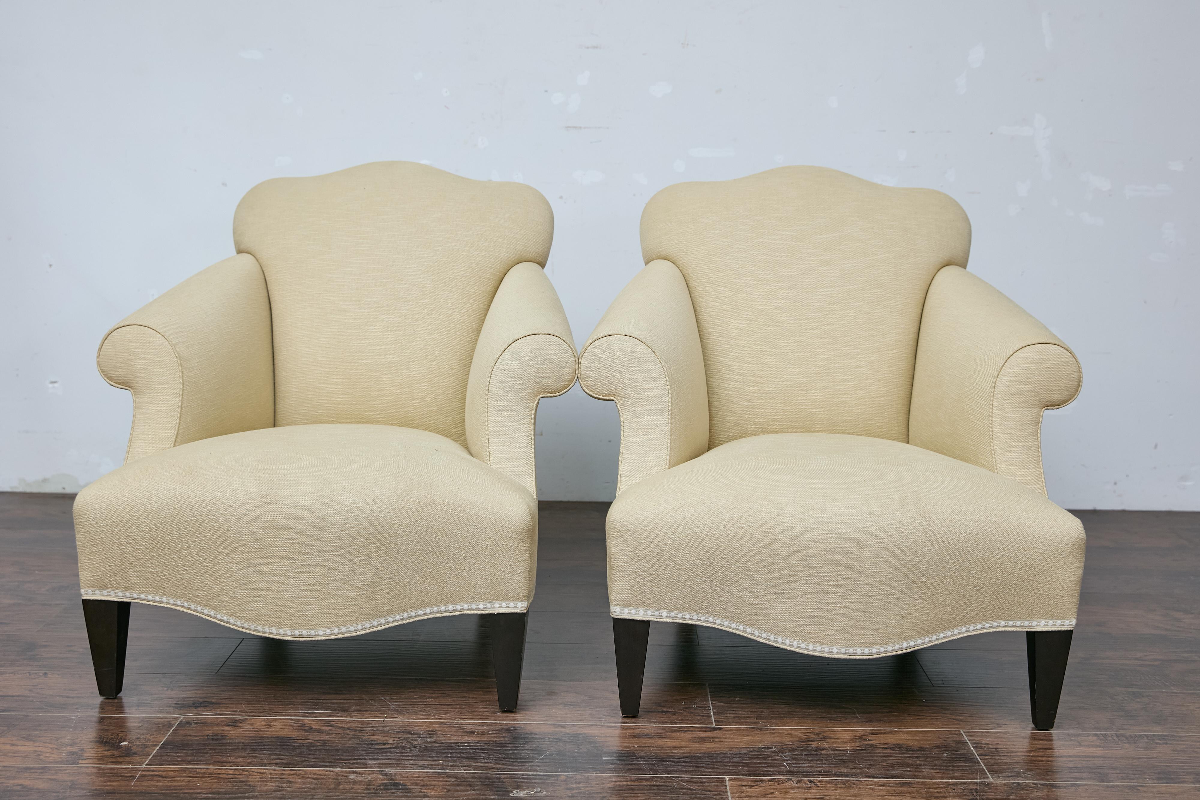 Pair of Vintage French Lounge Chairs with Camelbacks, Rolled Arms, Ebonized Legs For Sale 13