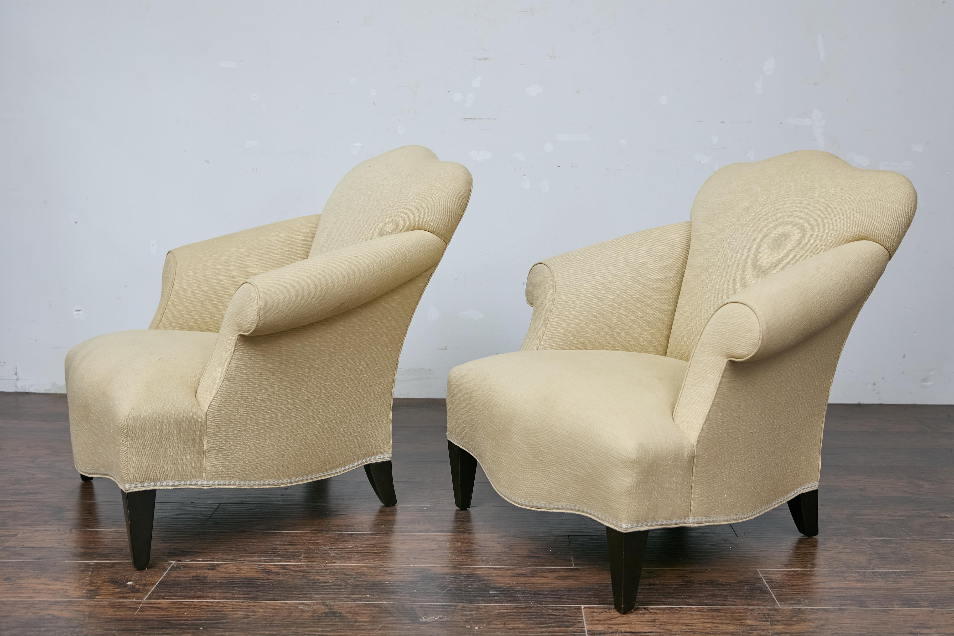 Pair of Vintage French Lounge Chairs with Camelbacks, Rolled Arms, Ebonized Legs In Good Condition For Sale In Atlanta, GA
