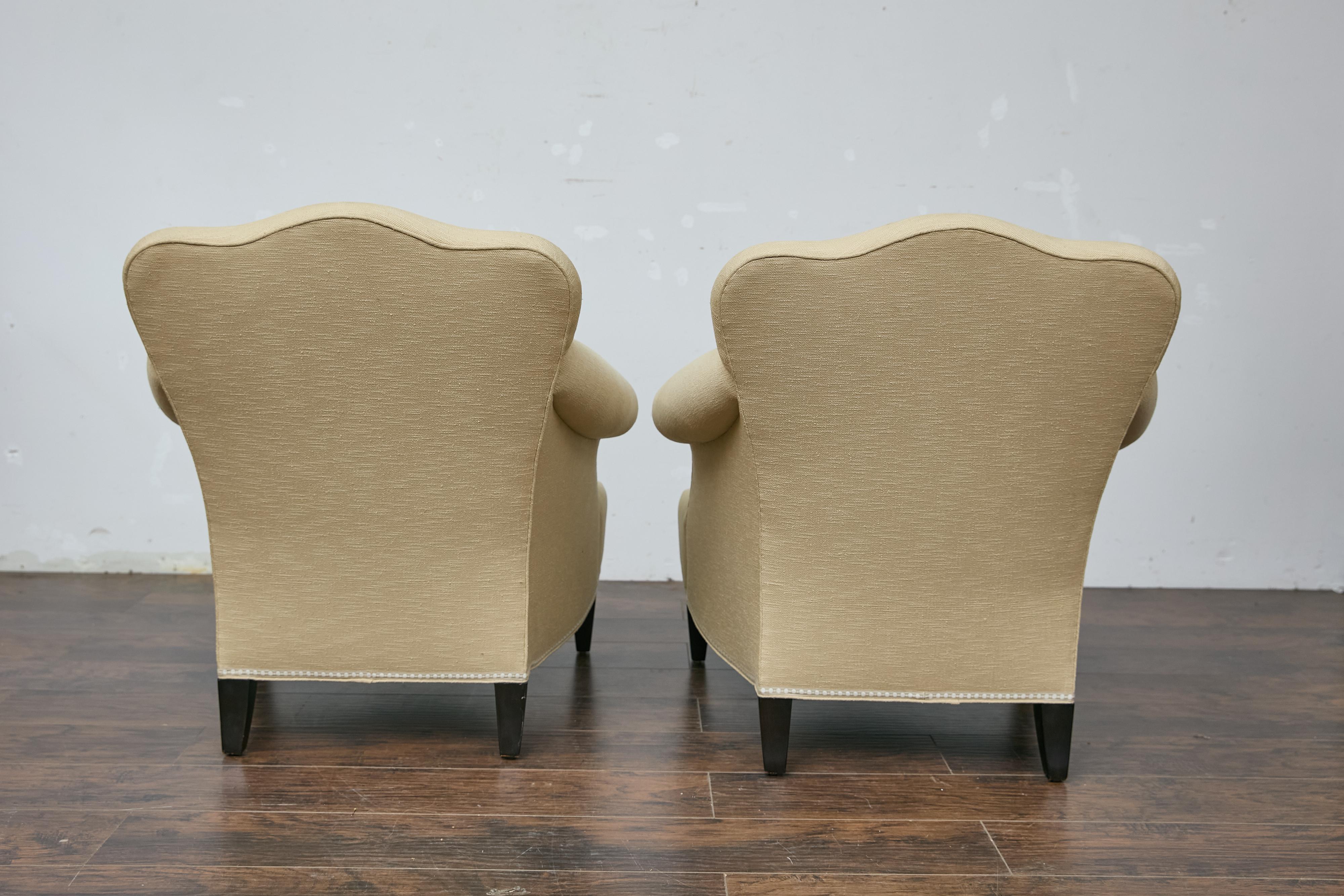 Pair of Vintage French Lounge Chairs with Camelbacks, Rolled Arms, Ebonized Legs For Sale 2