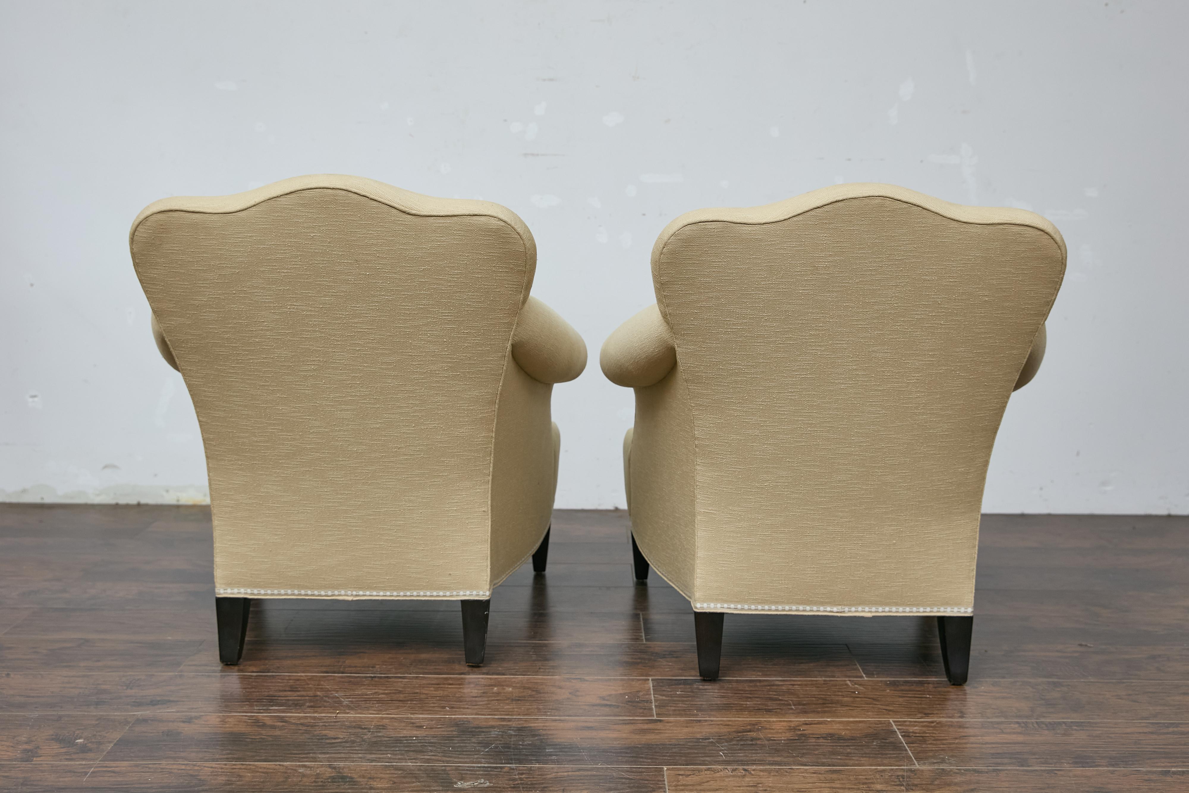 Pair of Vintage French Lounge Chairs with Camelbacks, Rolled Arms, Ebonized Legs For Sale 3