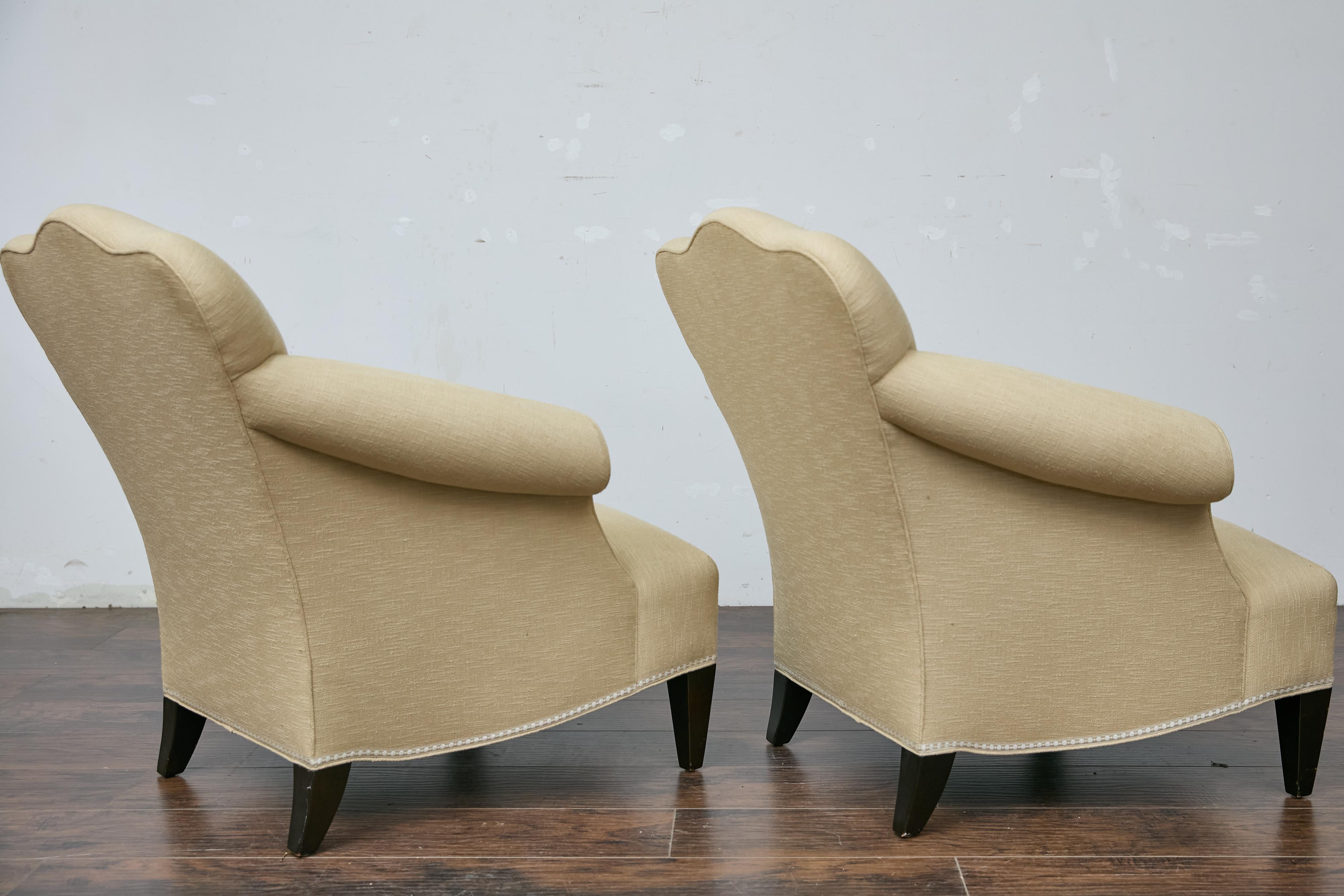 Pair of Vintage French Lounge Chairs with Camelbacks, Rolled Arms, Ebonized Legs For Sale 4