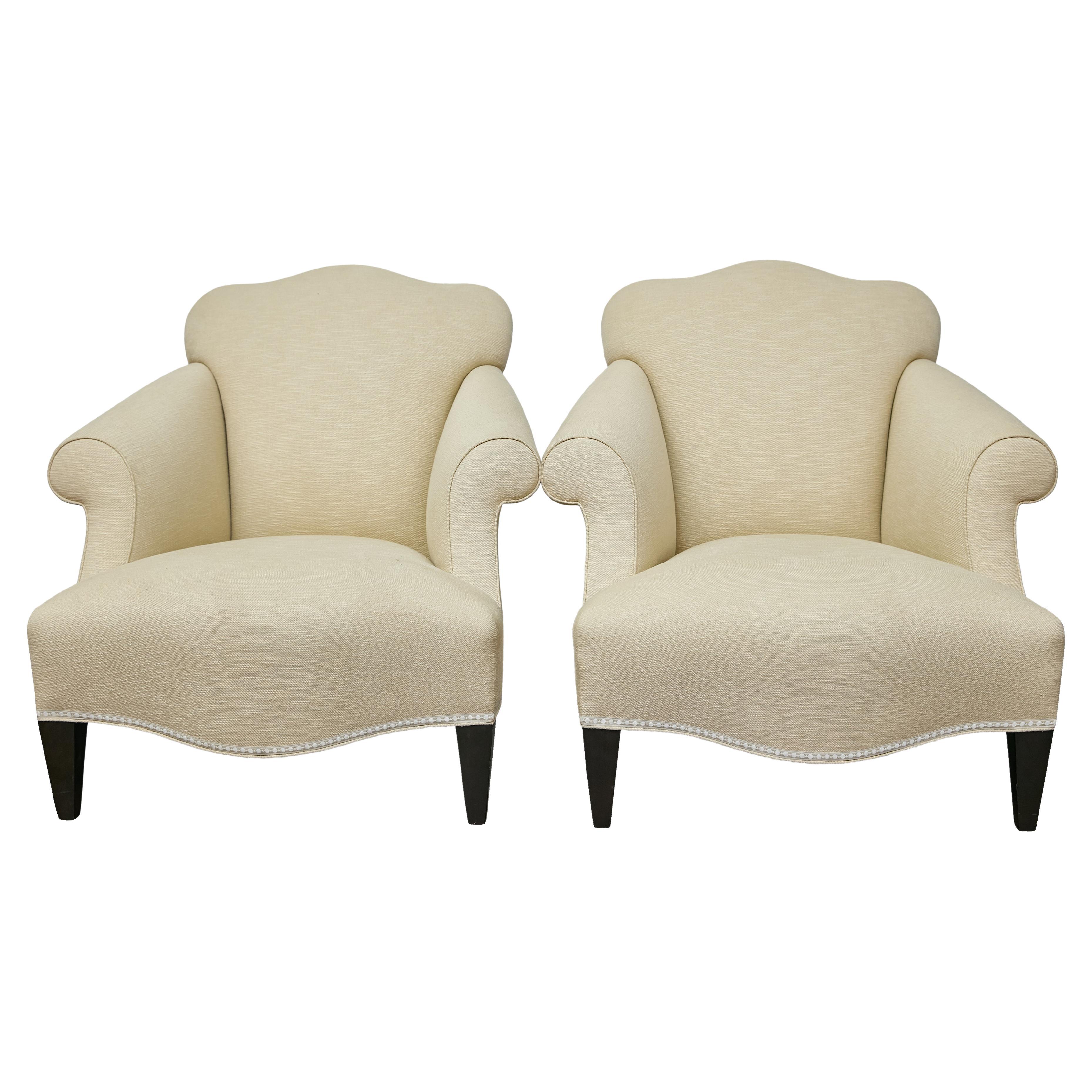 Pair of Vintage French Lounge Chairs with Camelbacks, Rolled Arms, Ebonized Legs