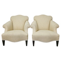 Pair of Vintage French Lounge Chairs with Camelbacks, Rolled Arms, Ebonized Legs