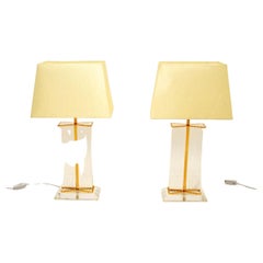 Pair of Vintage French Lucite and Brass Table Lamps