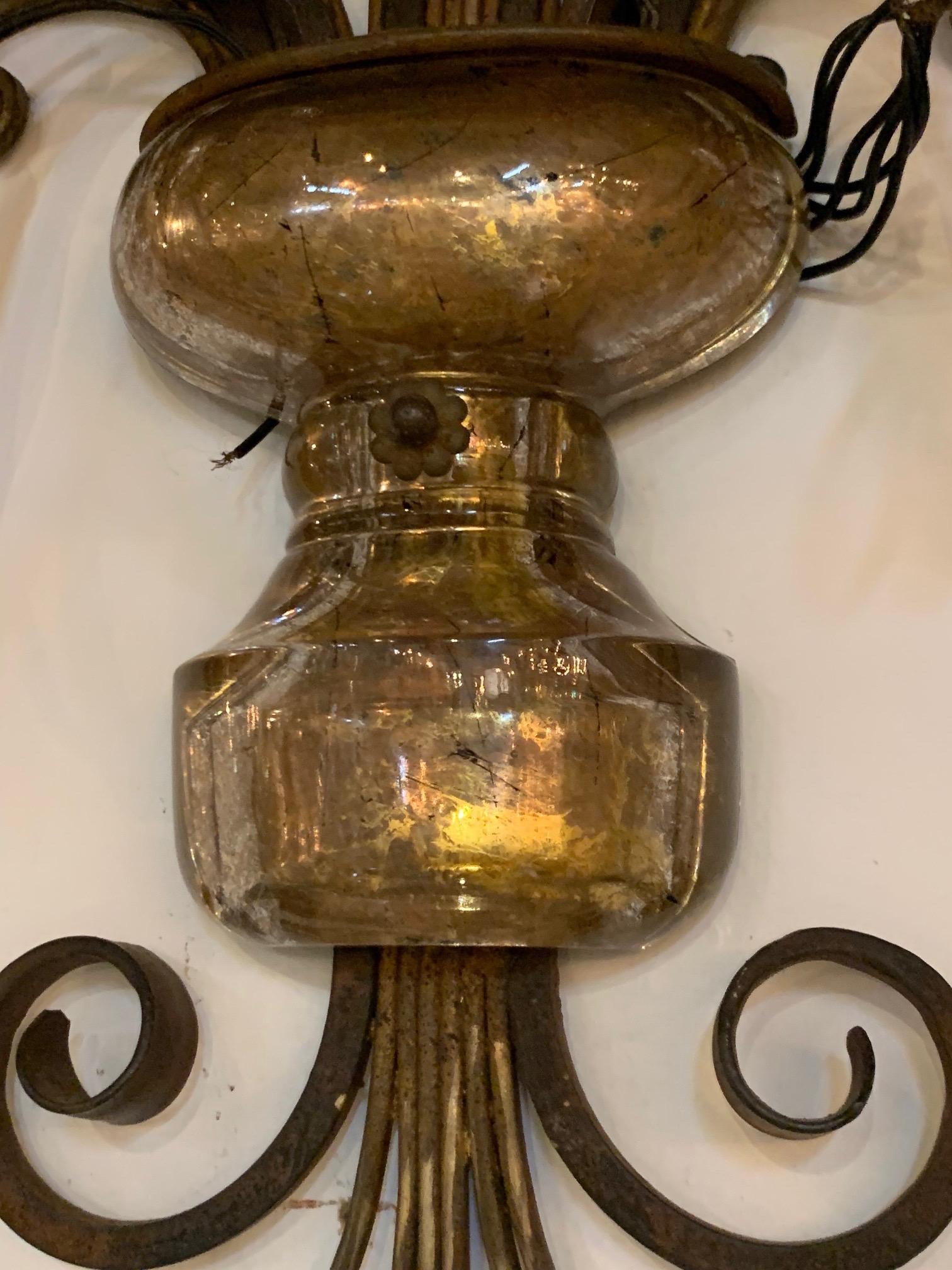 Pair of Vintage French Maison Baguès Iron and Foil Glass Wall Sconces In Good Condition For Sale In Dallas, TX