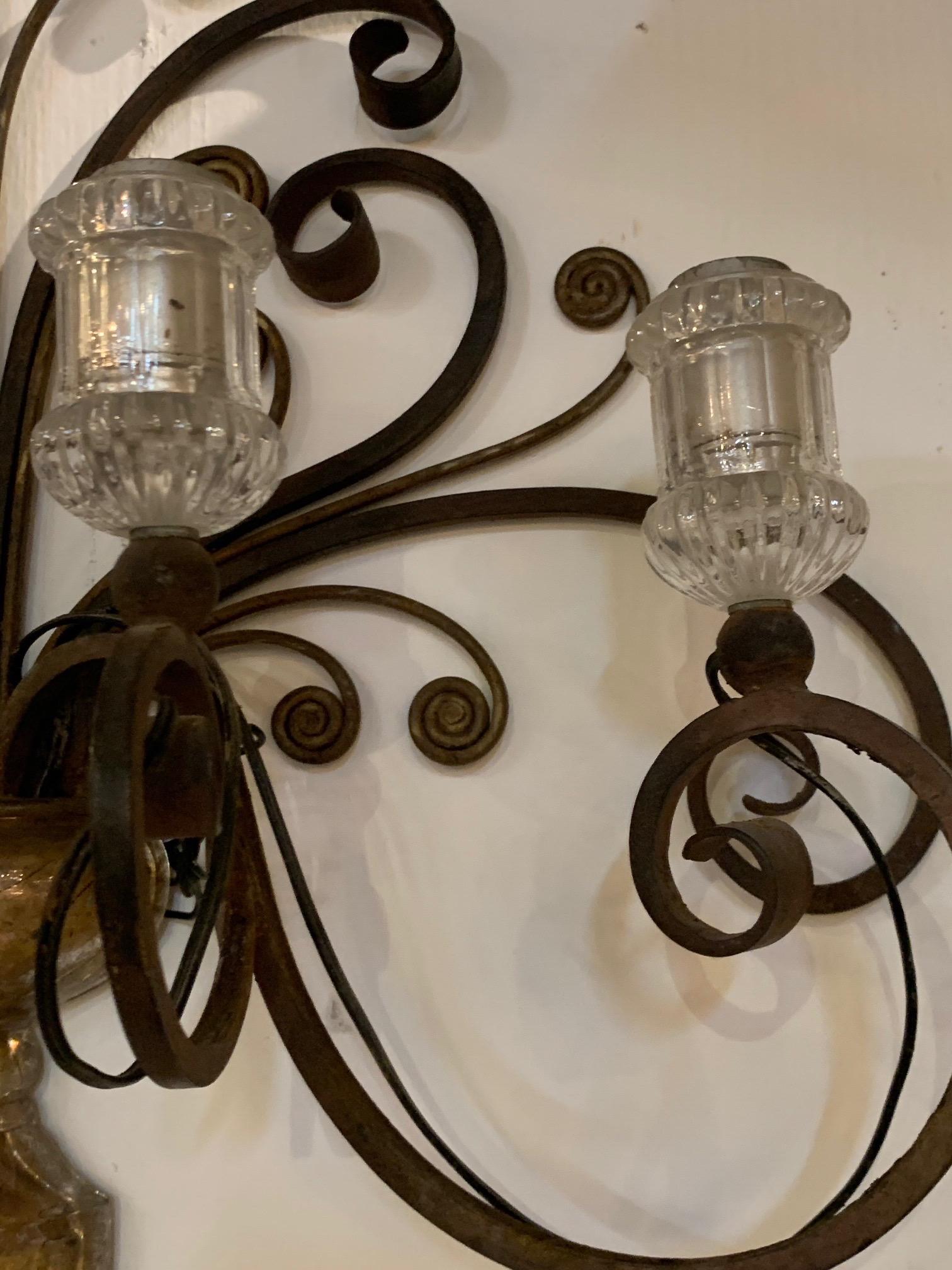 20th Century Pair of Vintage French Maison Baguès Iron and Foil Glass Wall Sconces For Sale