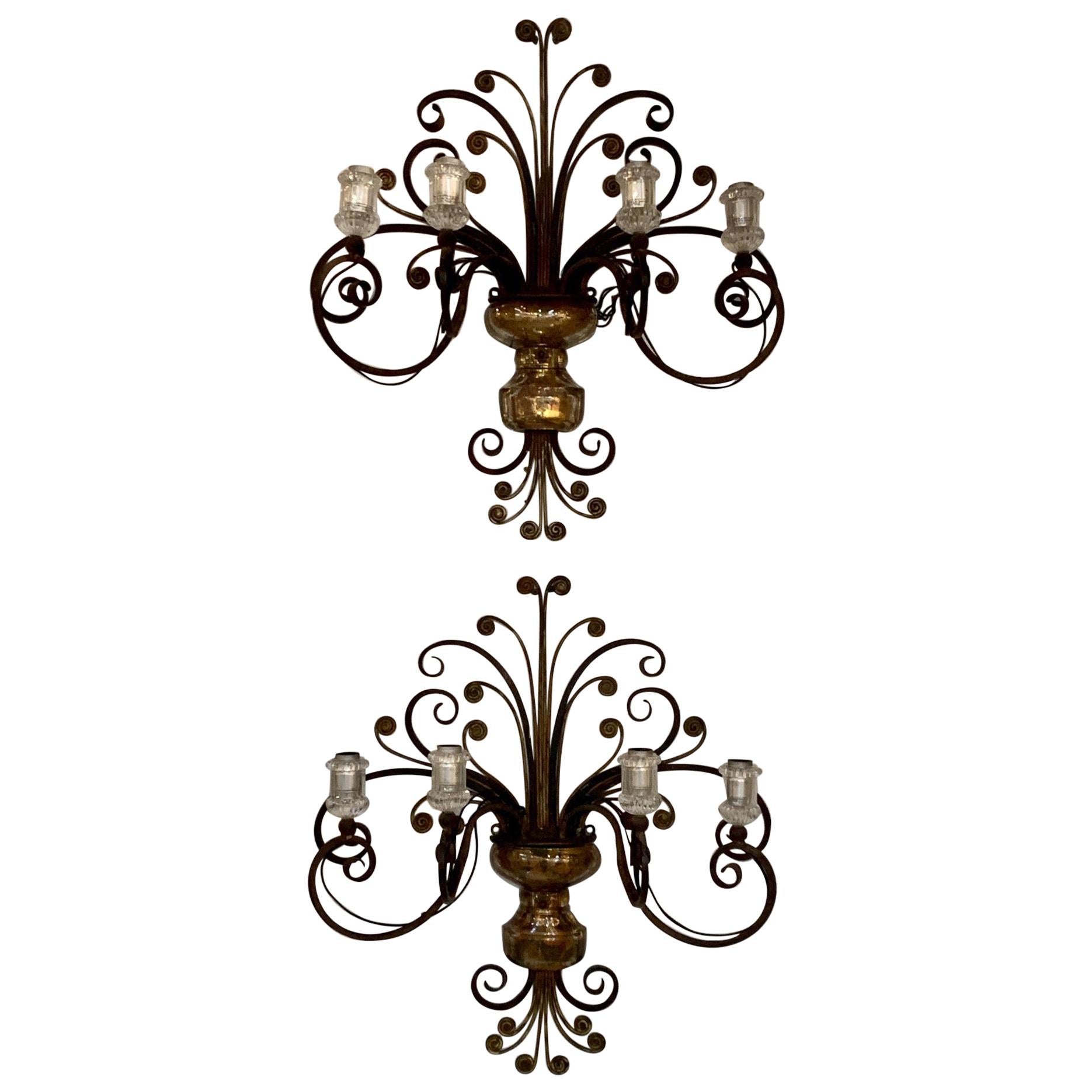 Pair of Vintage French Maison Baguès Iron and Foil Glass Wall Sconces For Sale