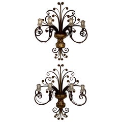 Pair of Retro French Maison Baguès Iron and Foil Glass Wall Sconces