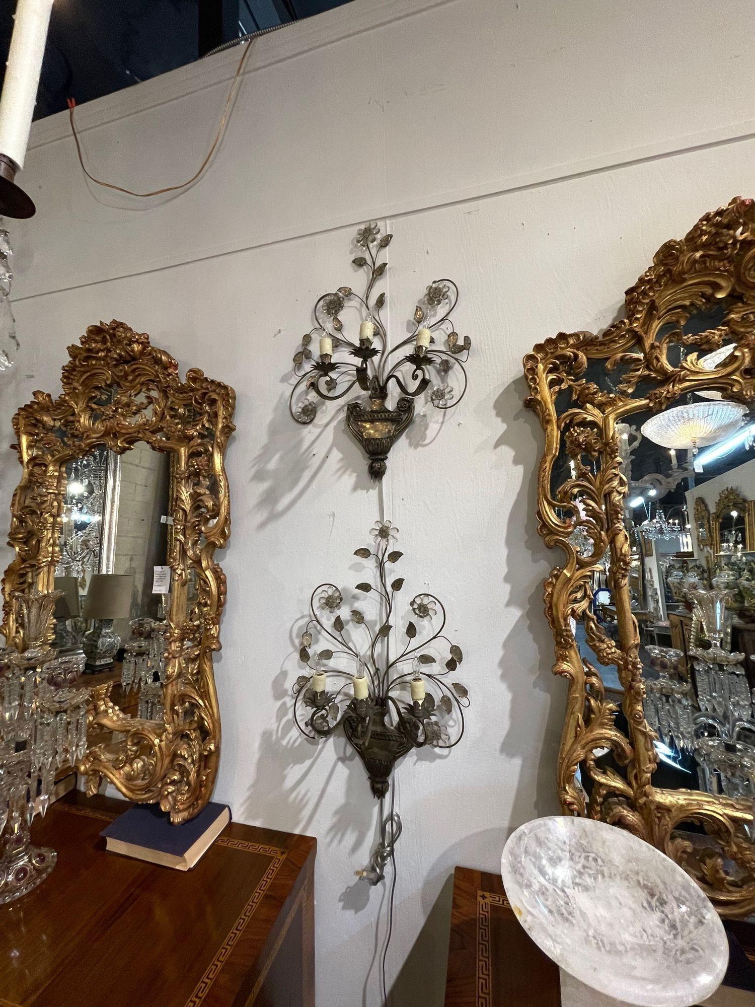 Pair of Vintage French Maison Bagues Tole and Crystal Sconces For Sale 3
