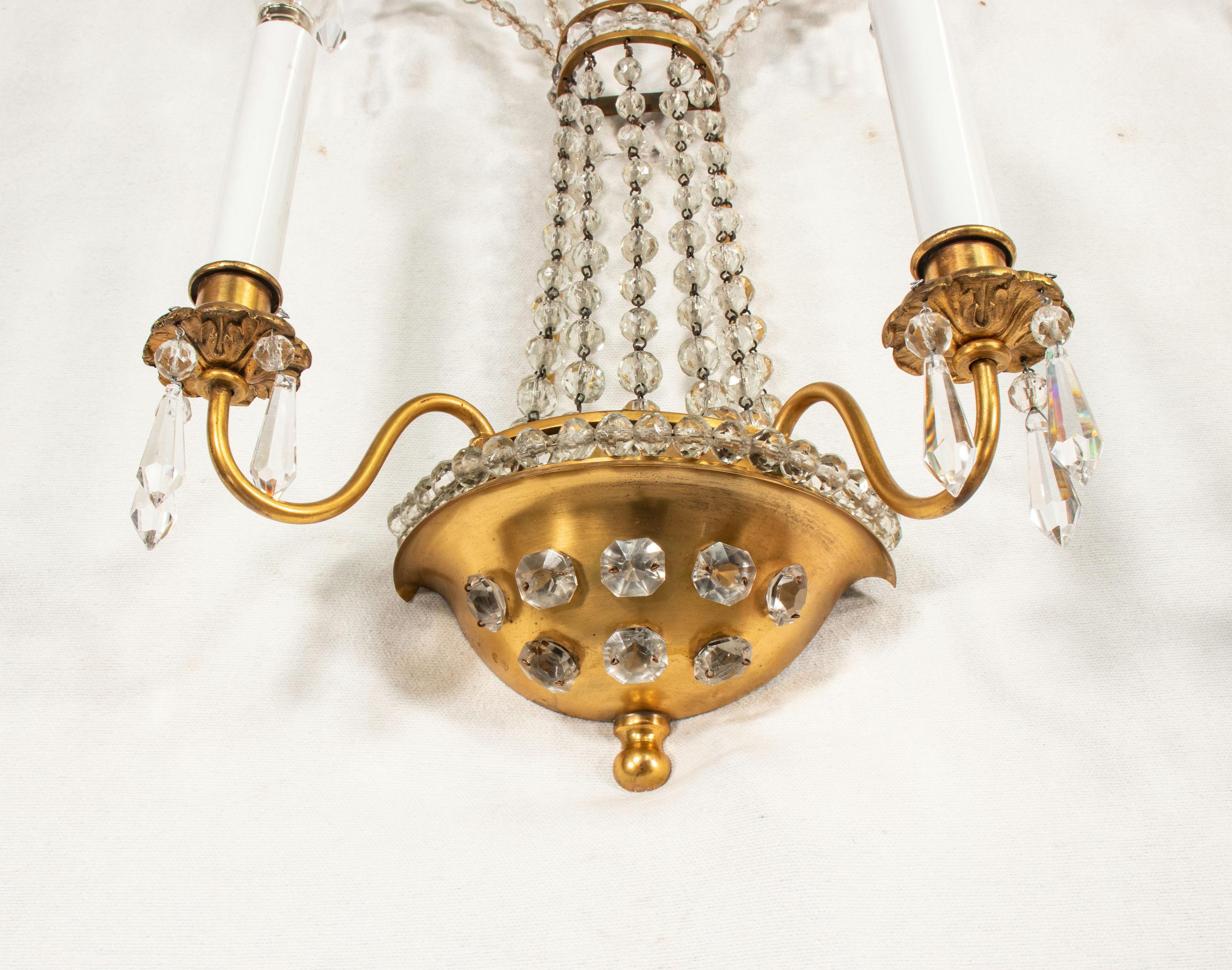 Pair of  French Brass and Crystal Sconces in the Manner of Maison Jansen For Sale 6