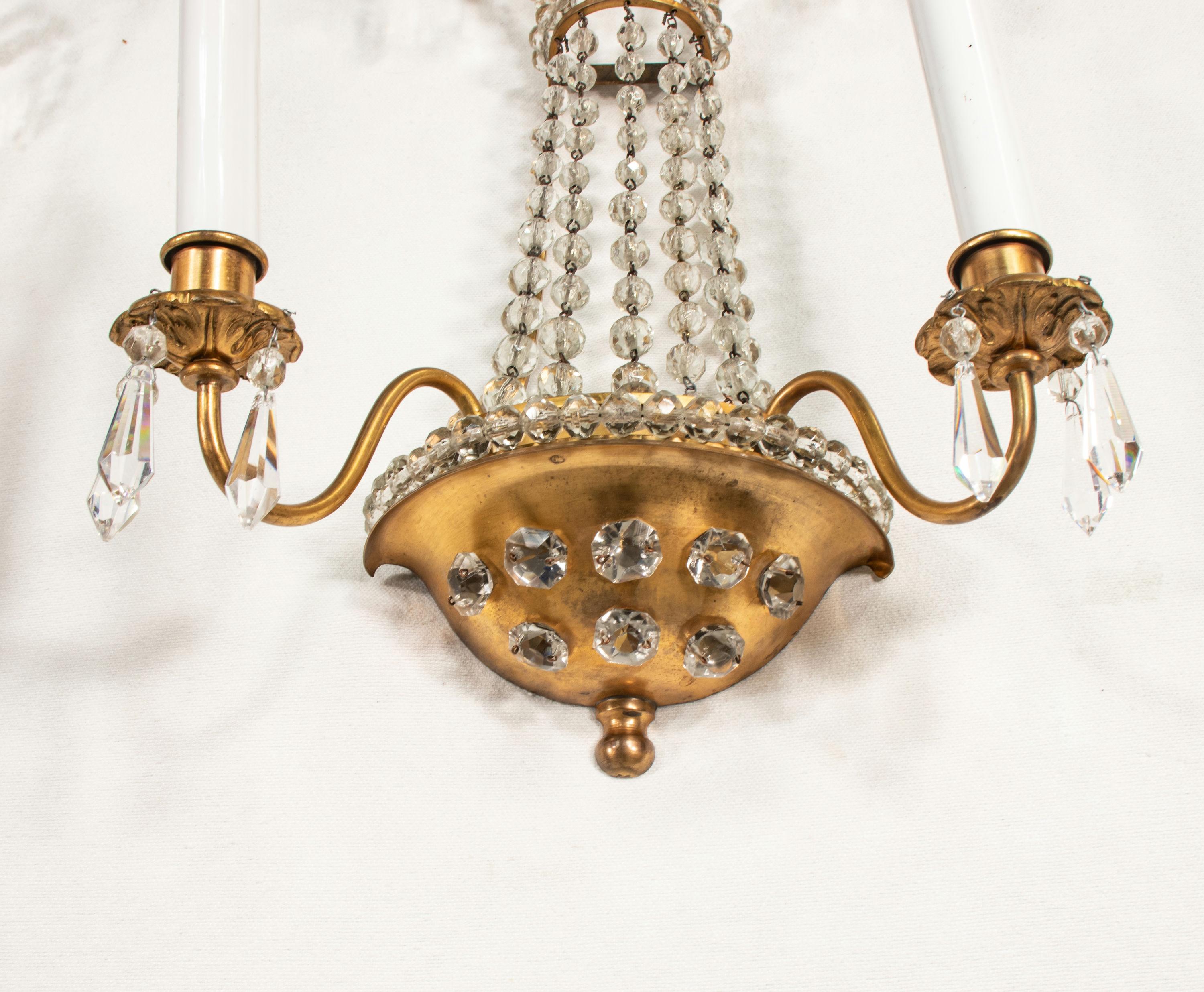 Pair of  French Brass and Crystal Sconces in the Manner of Maison Jansen For Sale 7