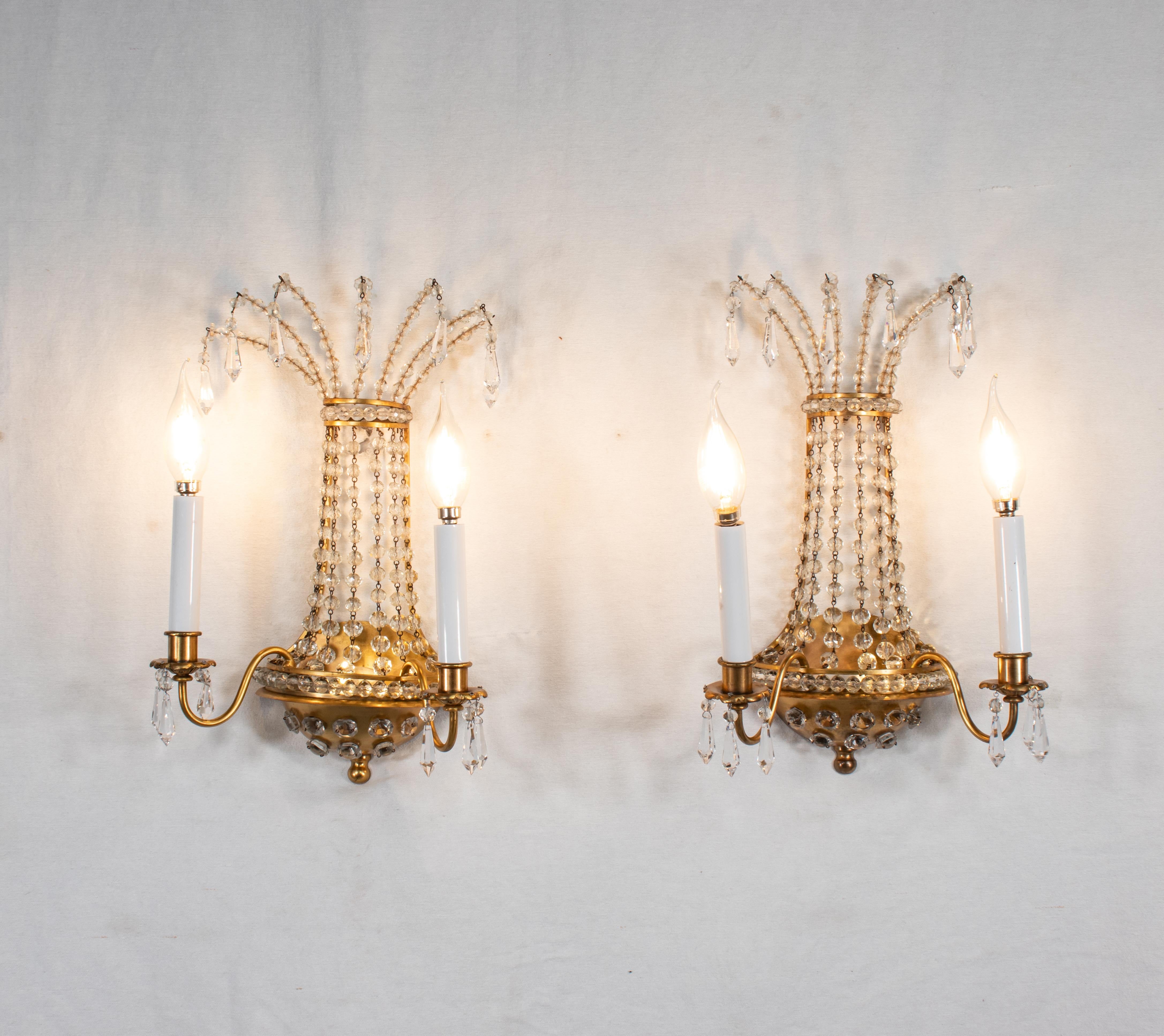 Empire Pair of  French Brass and Crystal Sconces in the Manner of Maison Jansen For Sale
