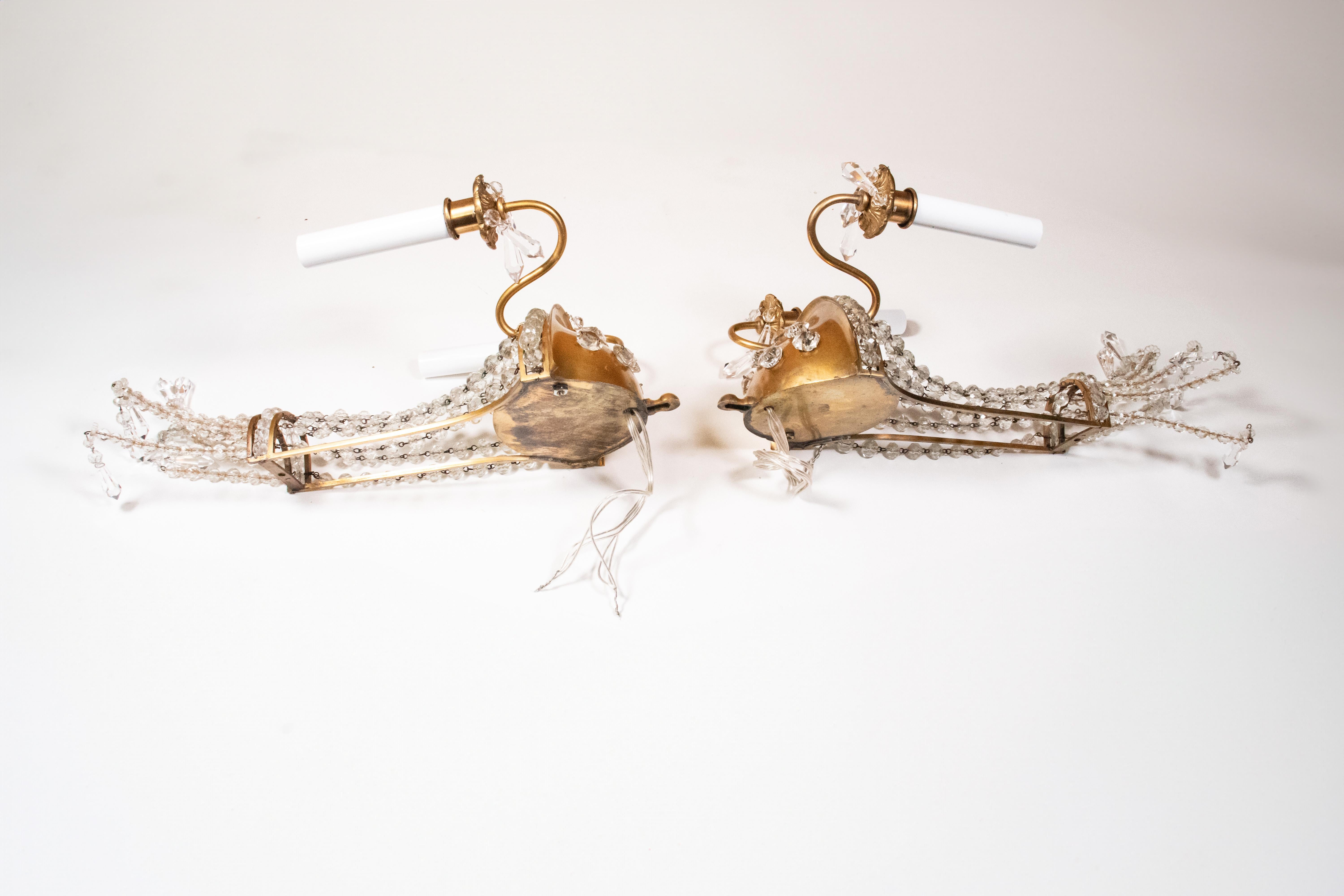 Pair of  French Brass and Crystal Sconces in the Manner of Maison Jansen In Good Condition For Sale In Chicago, IL