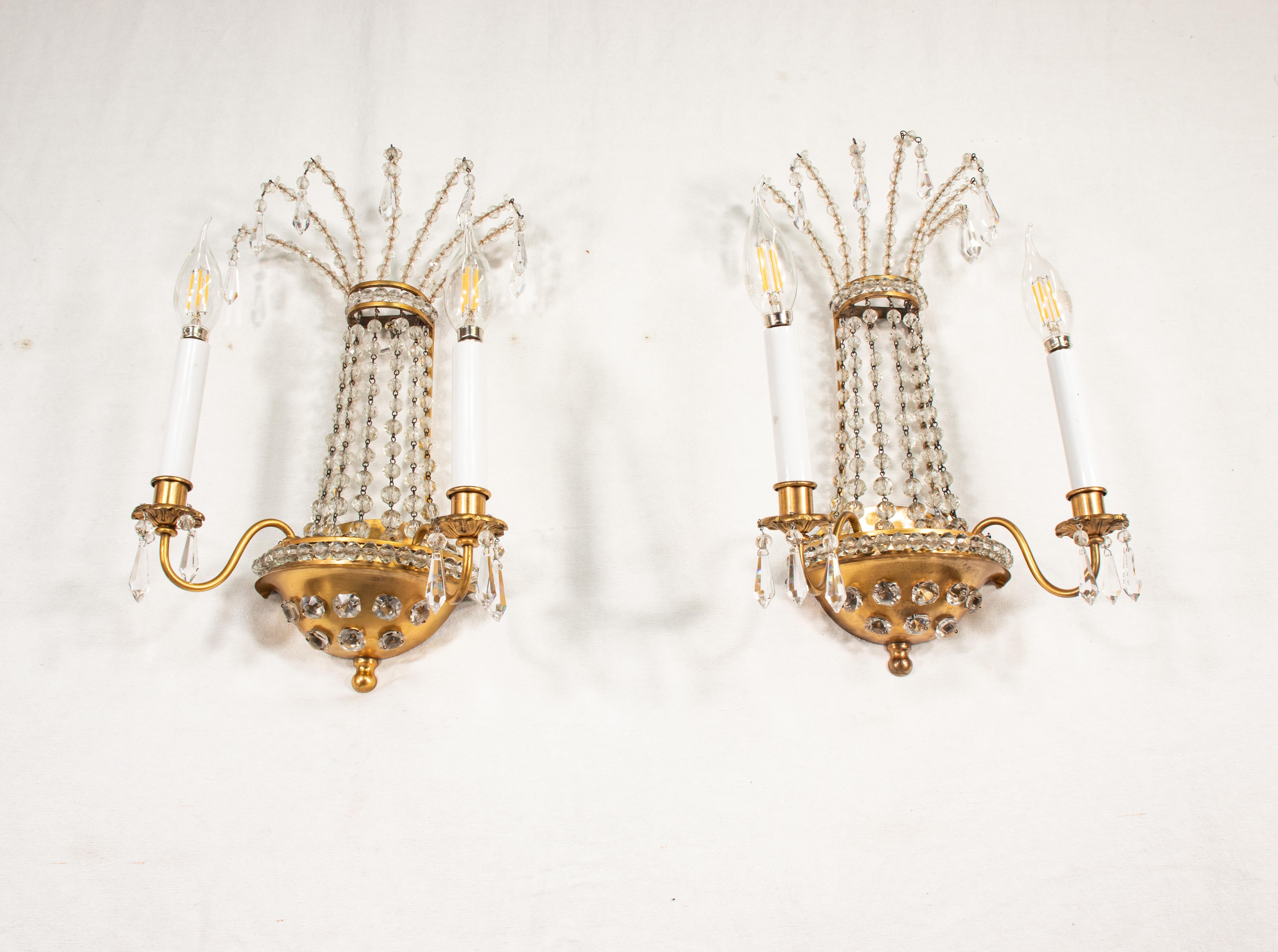 20th Century Pair of  French Brass and Crystal Sconces in the Manner of Maison Jansen For Sale