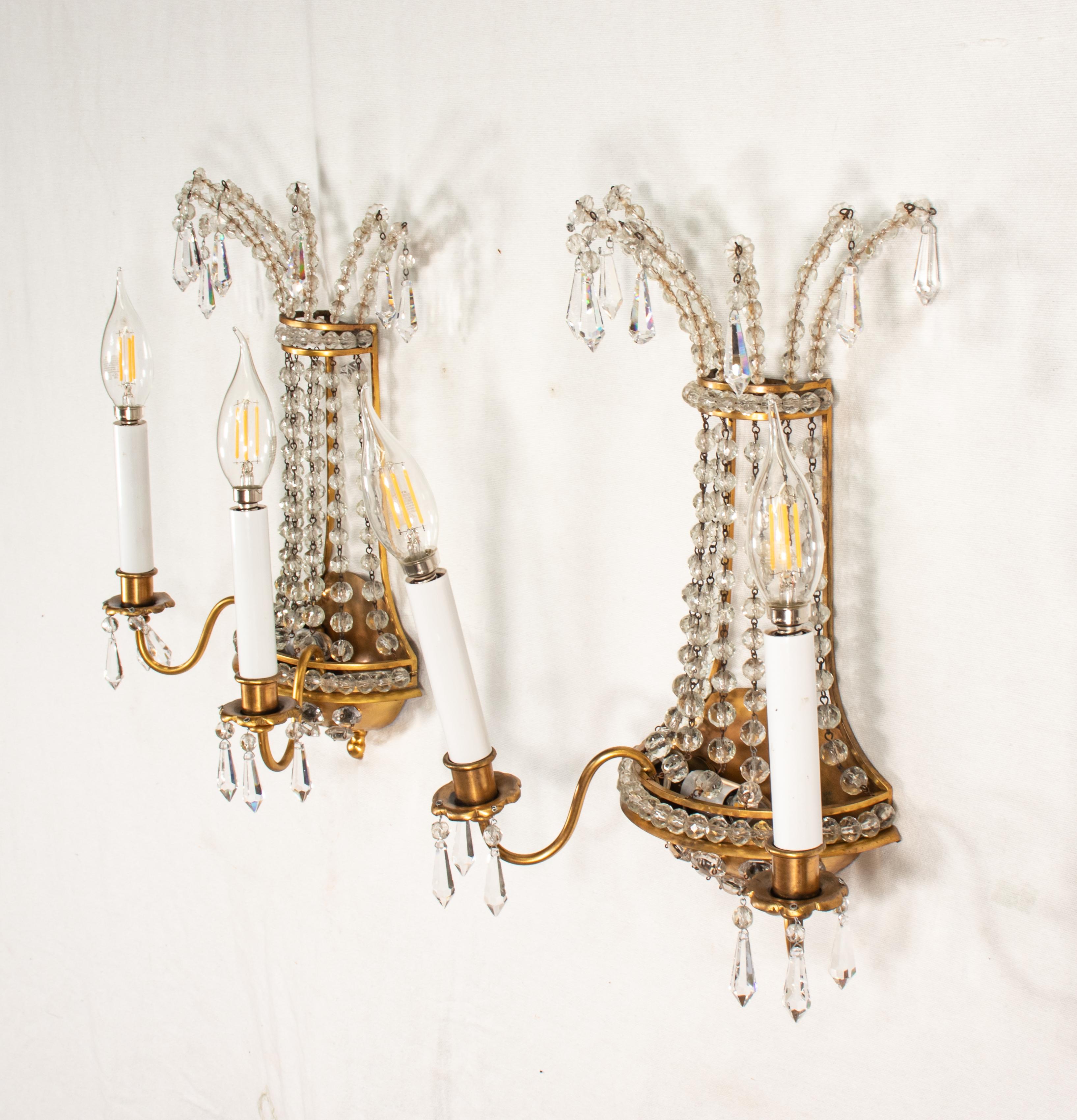 Pair of  French Brass and Crystal Sconces in the Manner of Maison Jansen For Sale 1