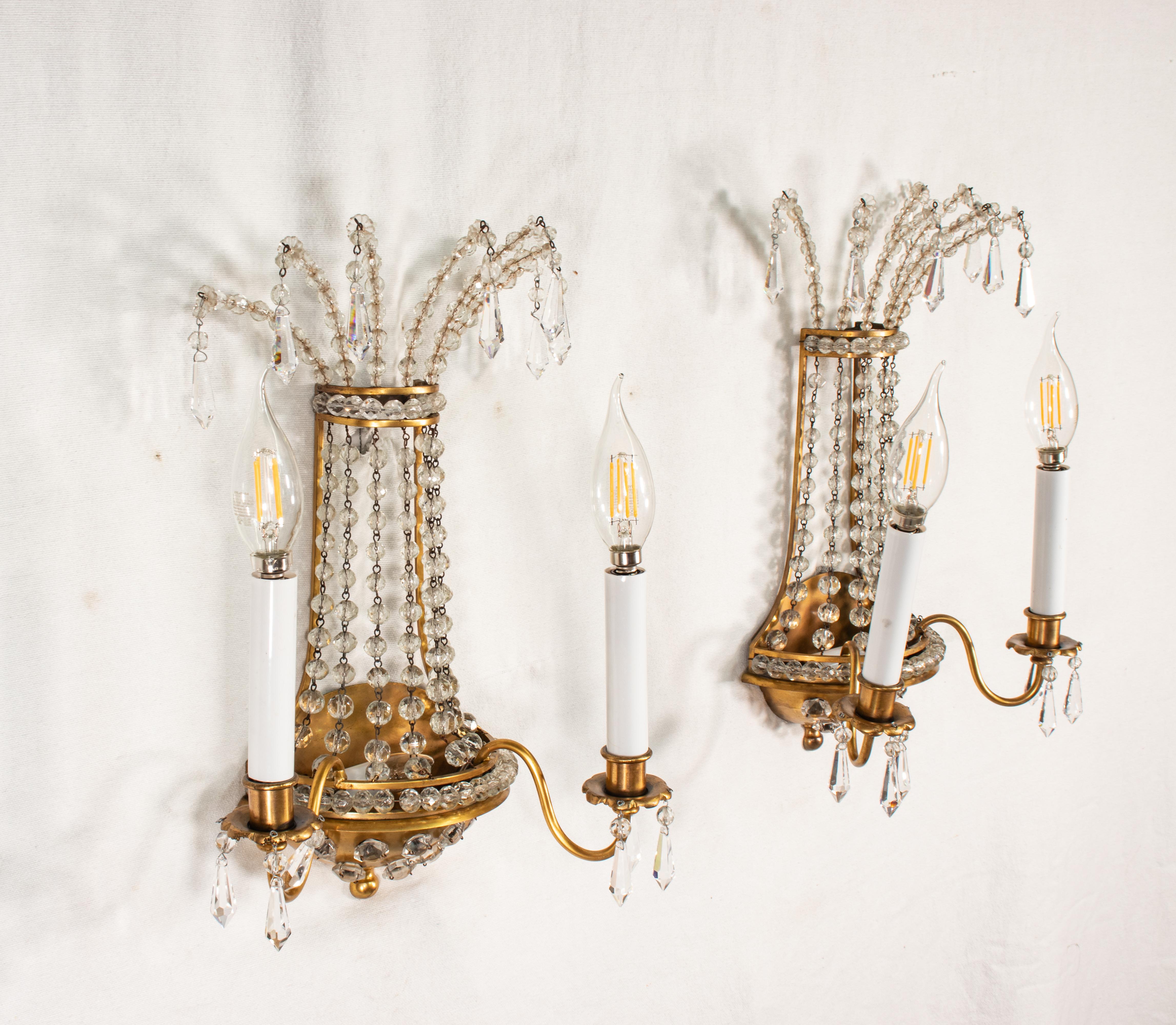 Pair of  French Brass and Crystal Sconces in the Manner of Maison Jansen For Sale 2