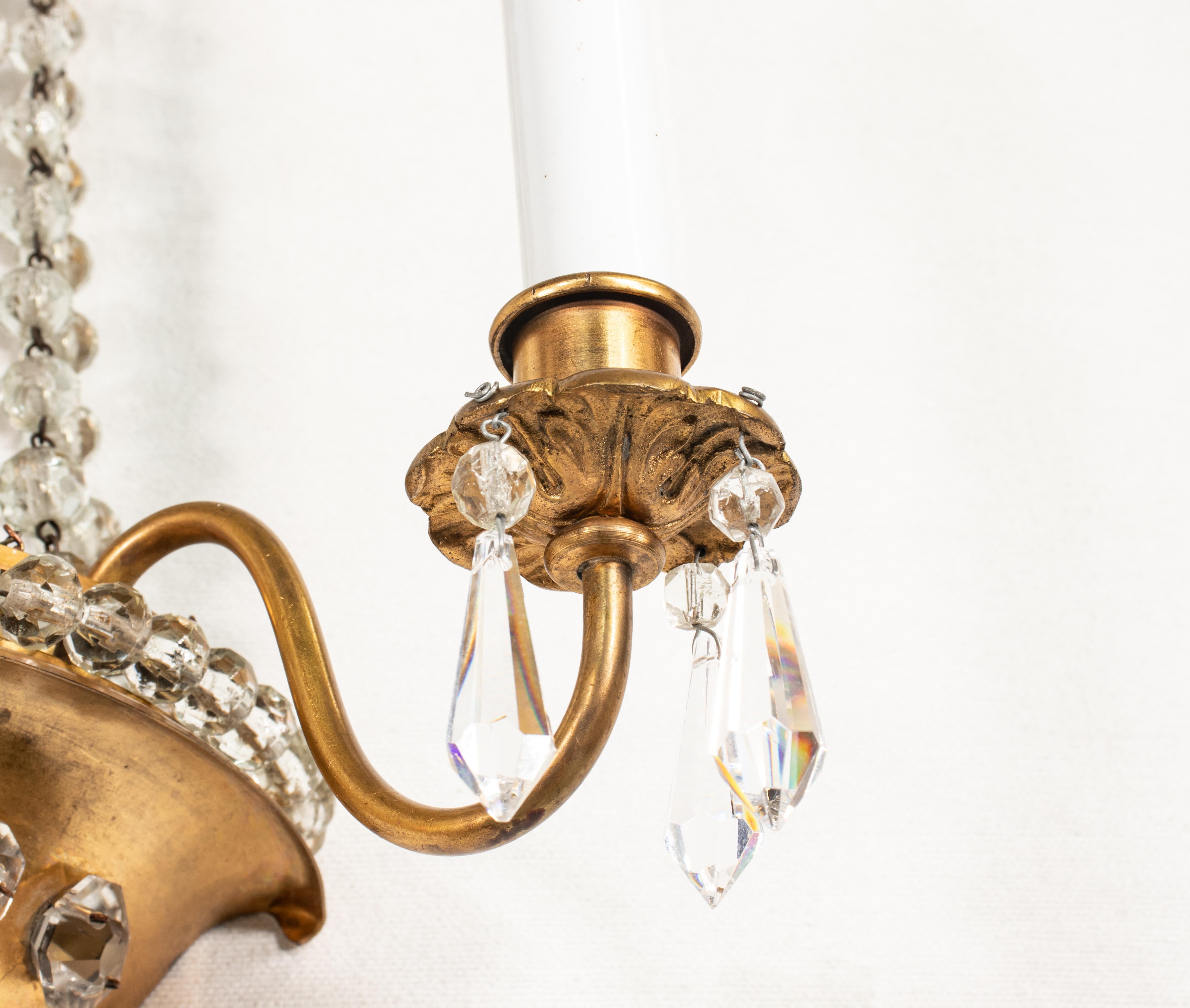 Pair of  French Brass and Crystal Sconces in the Manner of Maison Jansen For Sale 3