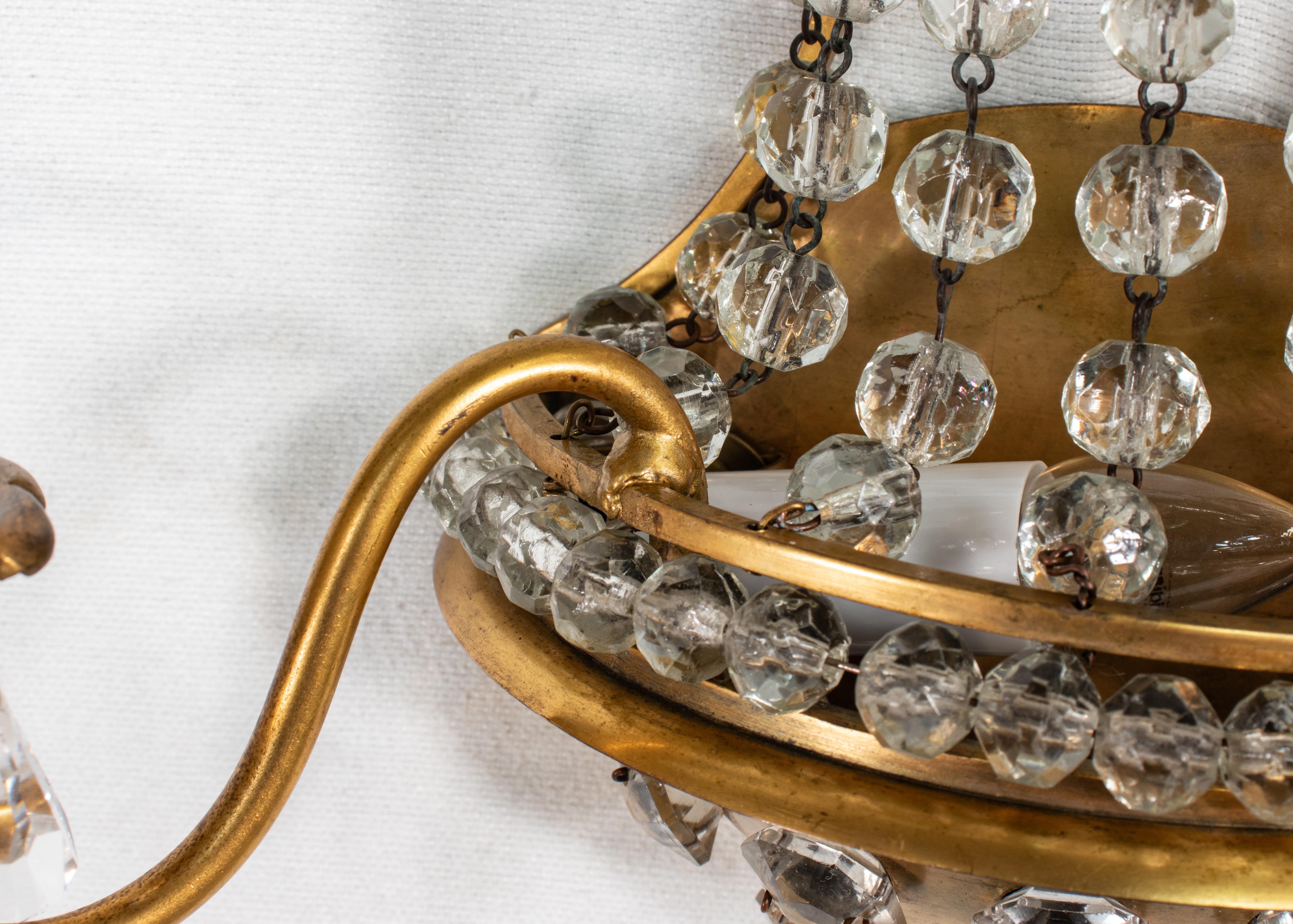 Pair of  French Brass and Crystal Sconces in the Manner of Maison Jansen For Sale 4