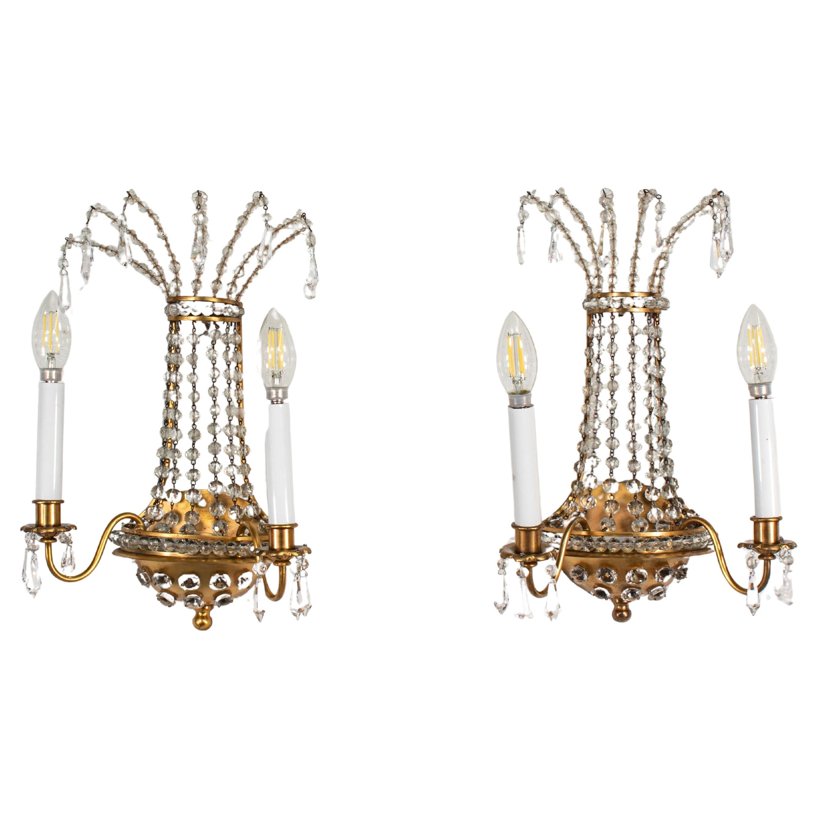 Pair of  French Brass and Crystal Sconces in the Manner of Maison Jansen For Sale