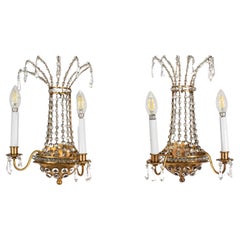 Pair of  French Brass and Crystal Sconces in the Manner of Maison Jansen