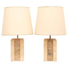 Pair of Vintage French Marble and Brass Veneer Rectangular Table Lamps