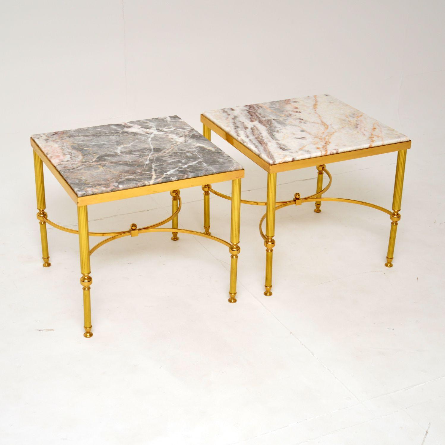 An excellent pair of vintage French marble top brass side tables. They were made in France, and date from the 1960-70’s.

The quality is fantastic, the brass frames have beautifully curved stretchers and fluted legs. They are a very useful and