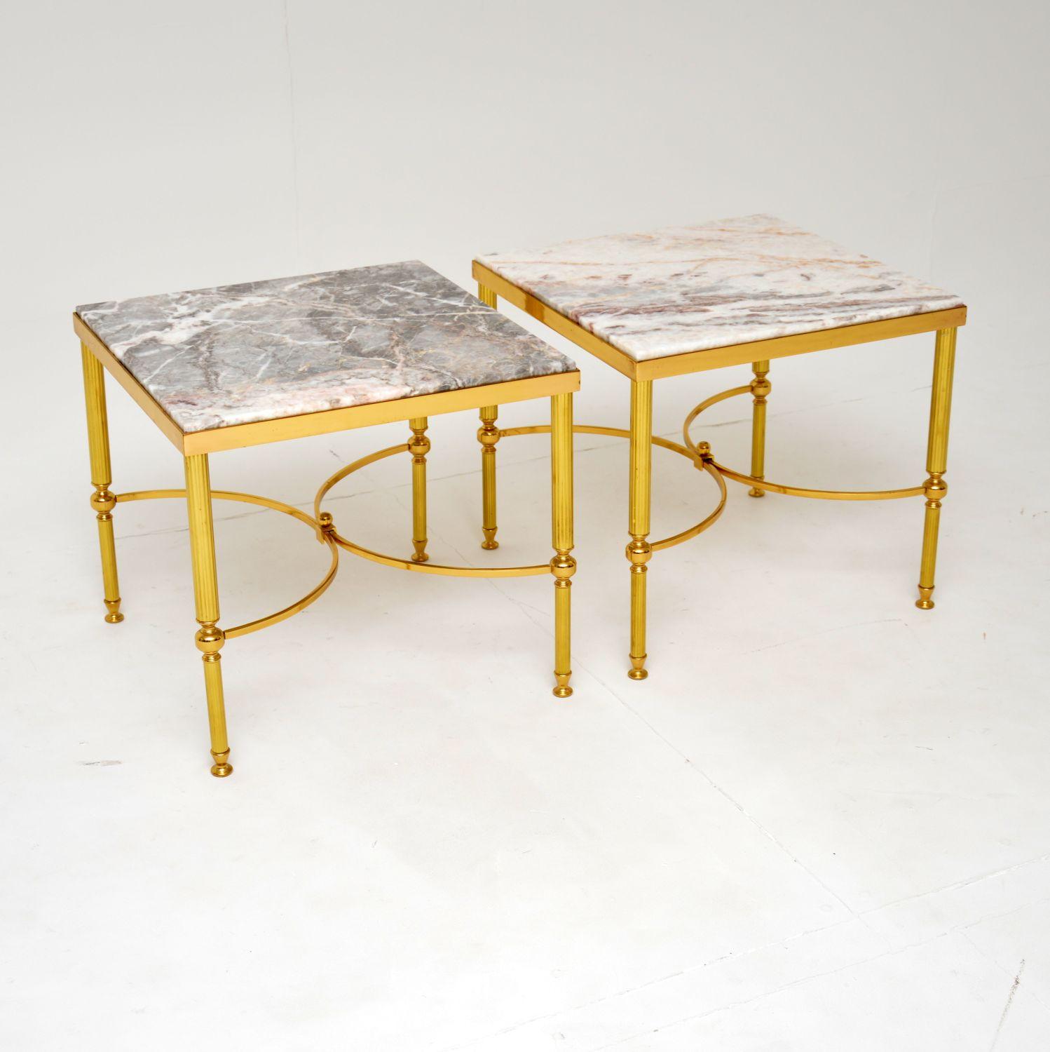Mid-Century Modern Pair of Vintage French Marble & Brass Side Tables