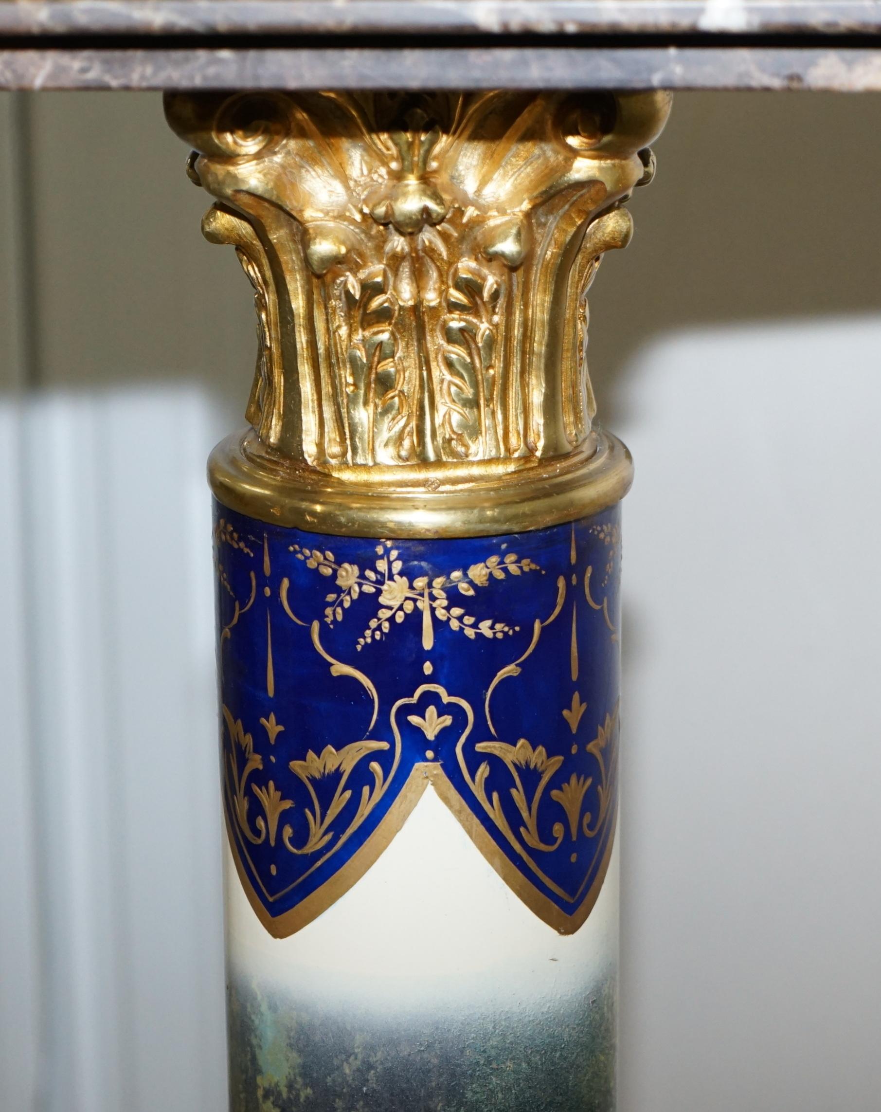 Pair of Vintage French Marble Gilt Bronze Porcelain Romantic Painted Pillars For Sale 3