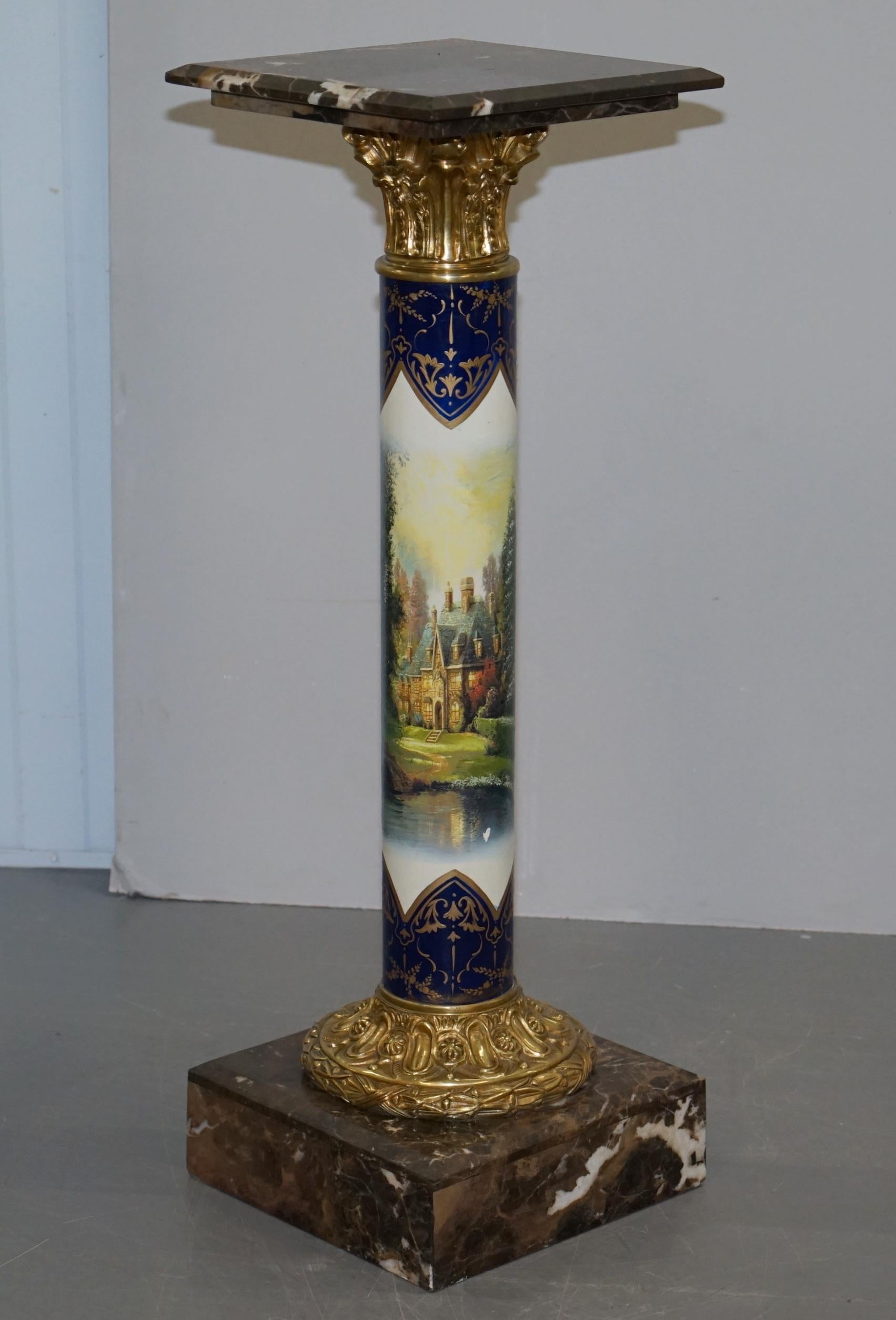 Pair of Vintage French Marble Gilt Bronze Porcelain Romantic Painted Pillars For Sale 4