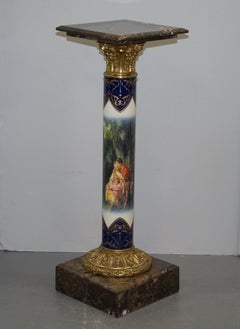 Pair of Vintage French Marble Gilt Bronze Porcelain Romantic Painted Pillars