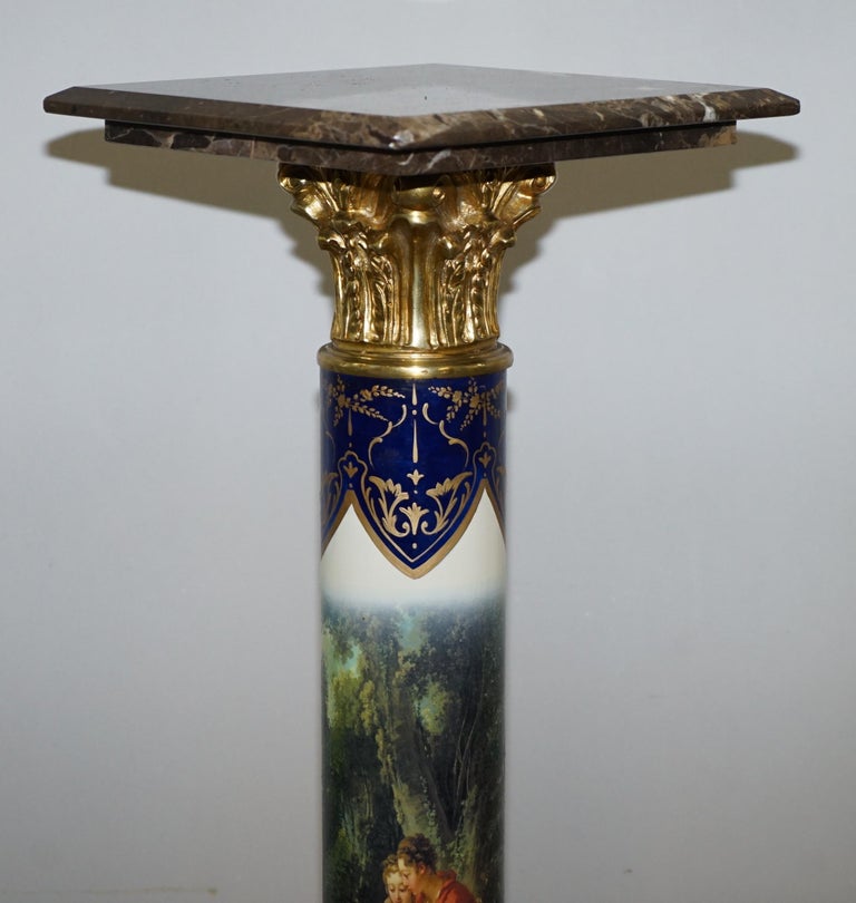Pair of Vintage French Marble Gilt Bronze Porcelain Romantic Painted Pillars For Sale at 1stDibs