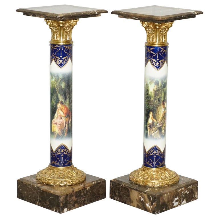 Pair of Vintage French Marble Gilt Bronze Porcelain Romantic Painted Pillars For Sale at 1stDibs