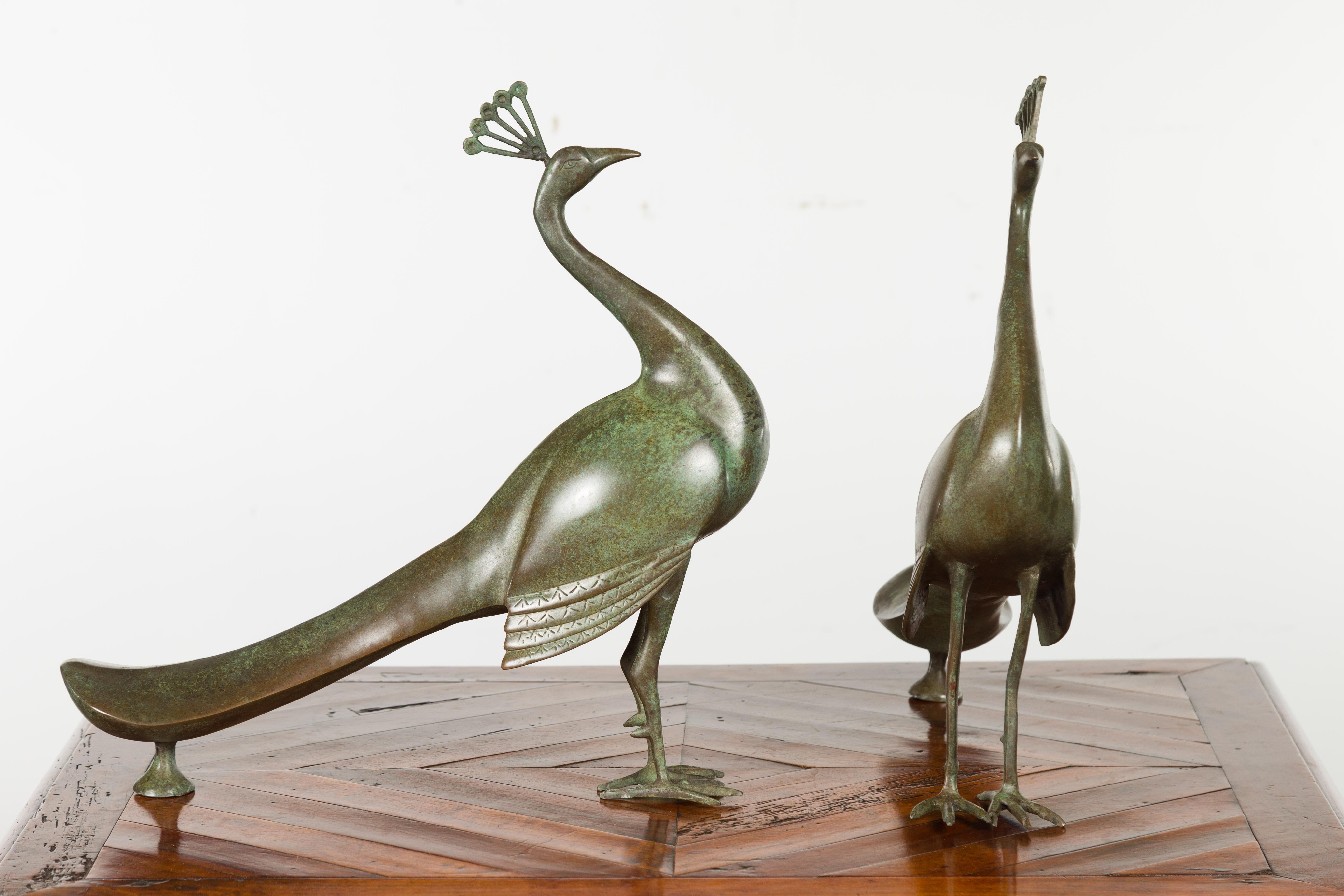 Pair of Vintage French Midcentury Metal Peacocks with Verdigris Patina For Sale 5