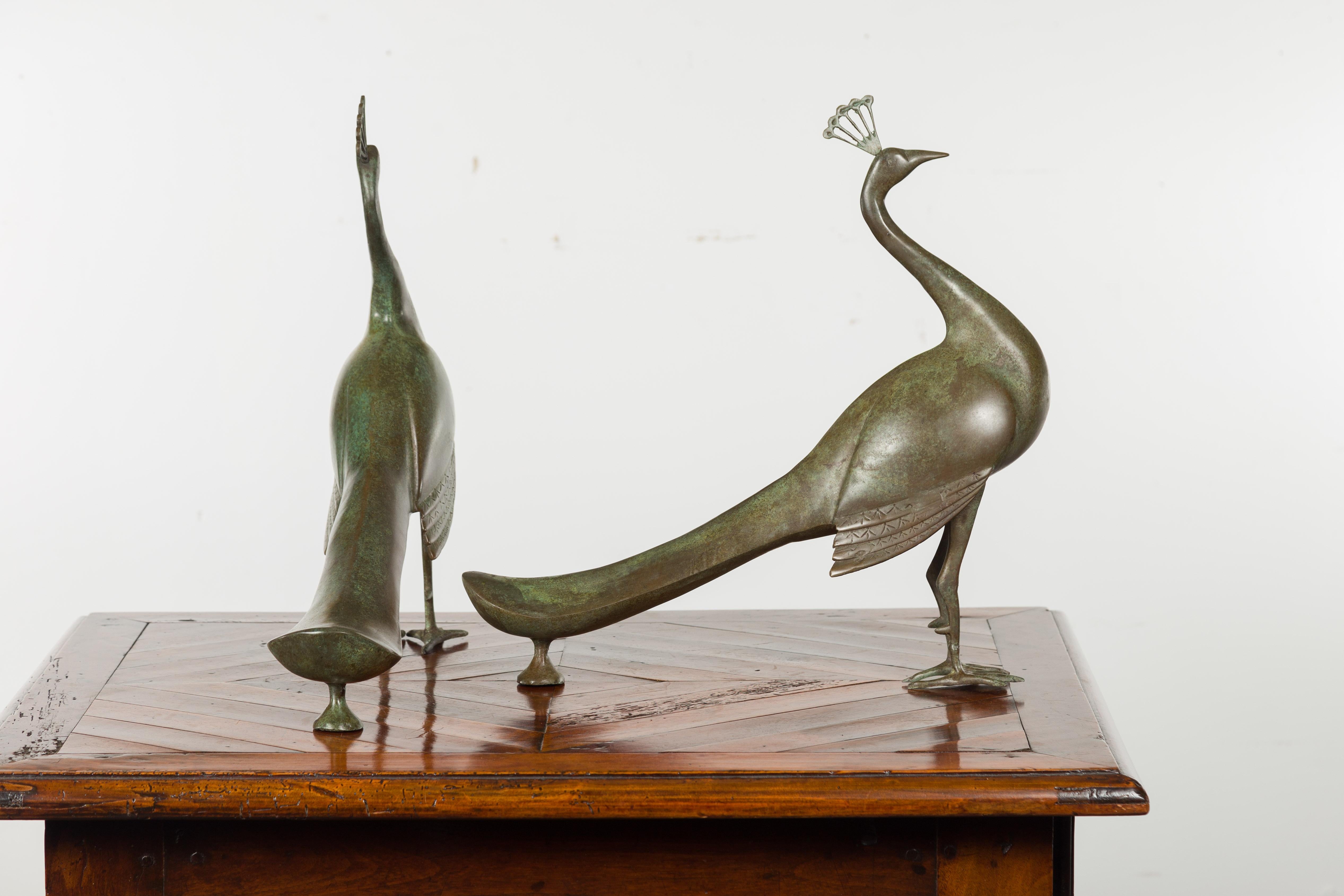 Pair of Vintage French Midcentury Metal Peacocks with Verdigris Patina For Sale 6
