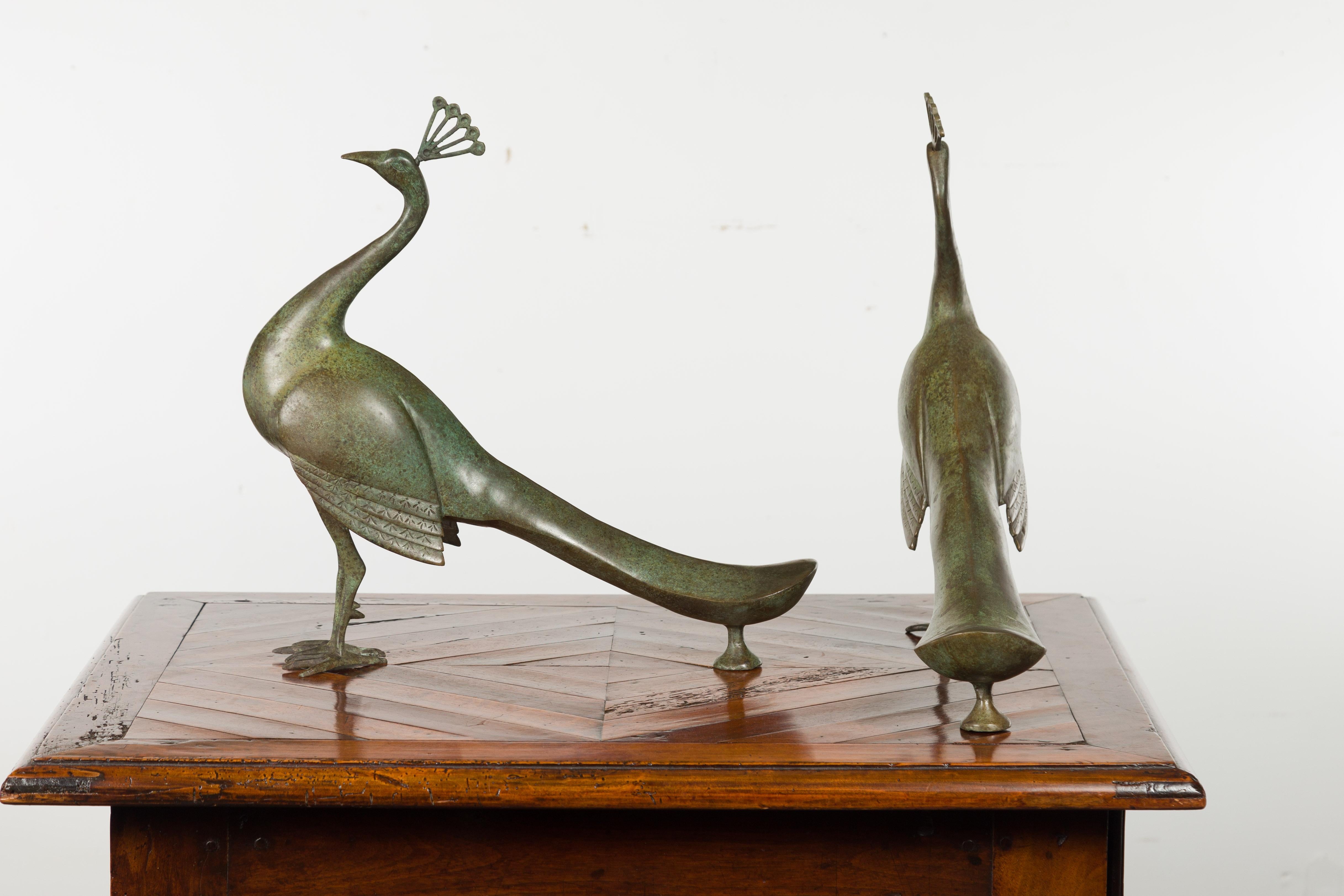 Pair of Vintage French Midcentury Metal Peacocks with Verdigris Patina For Sale 7