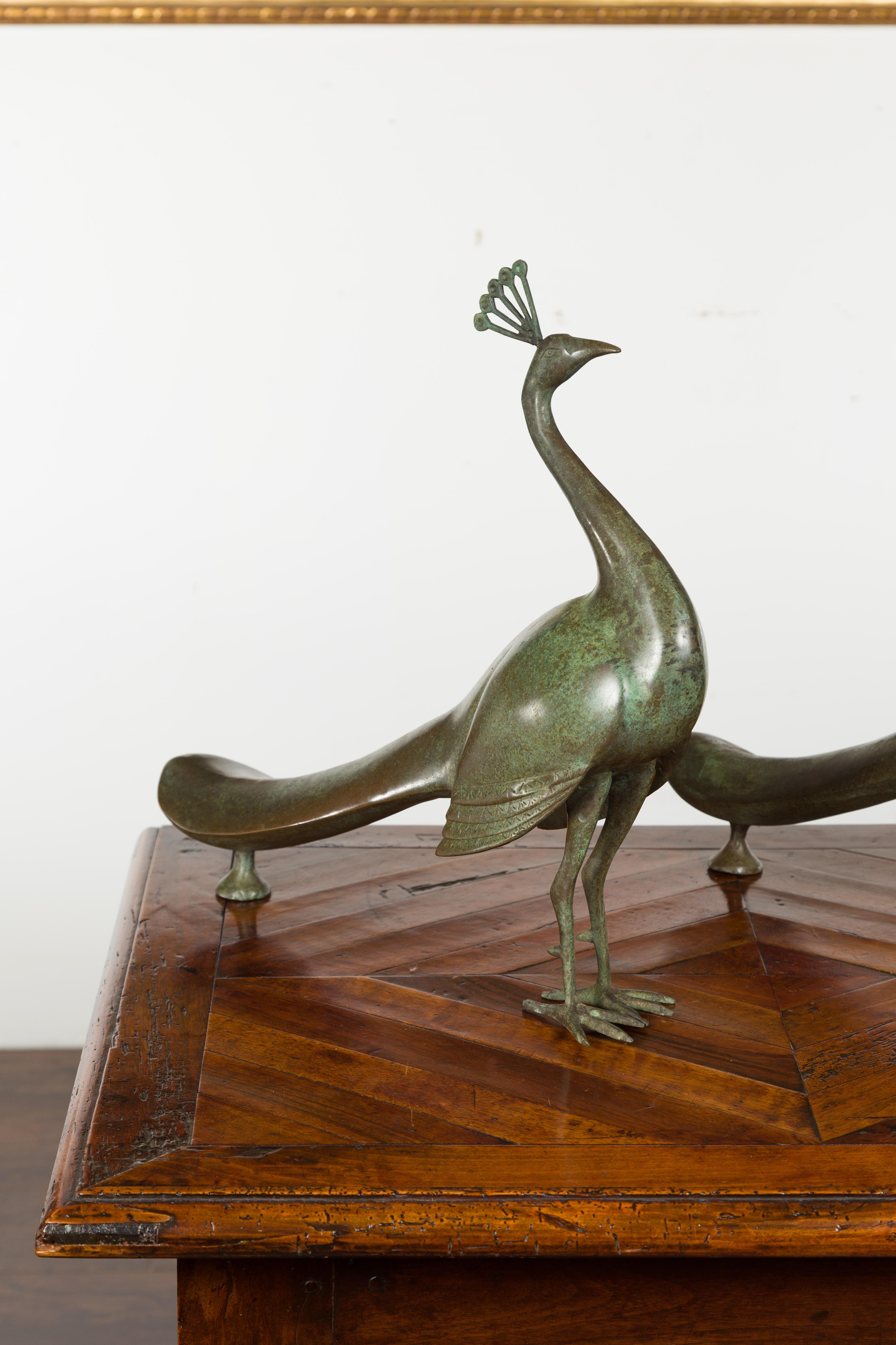 Mid-Century Modern Pair of Vintage French Midcentury Metal Peacocks with Verdigris Patina For Sale