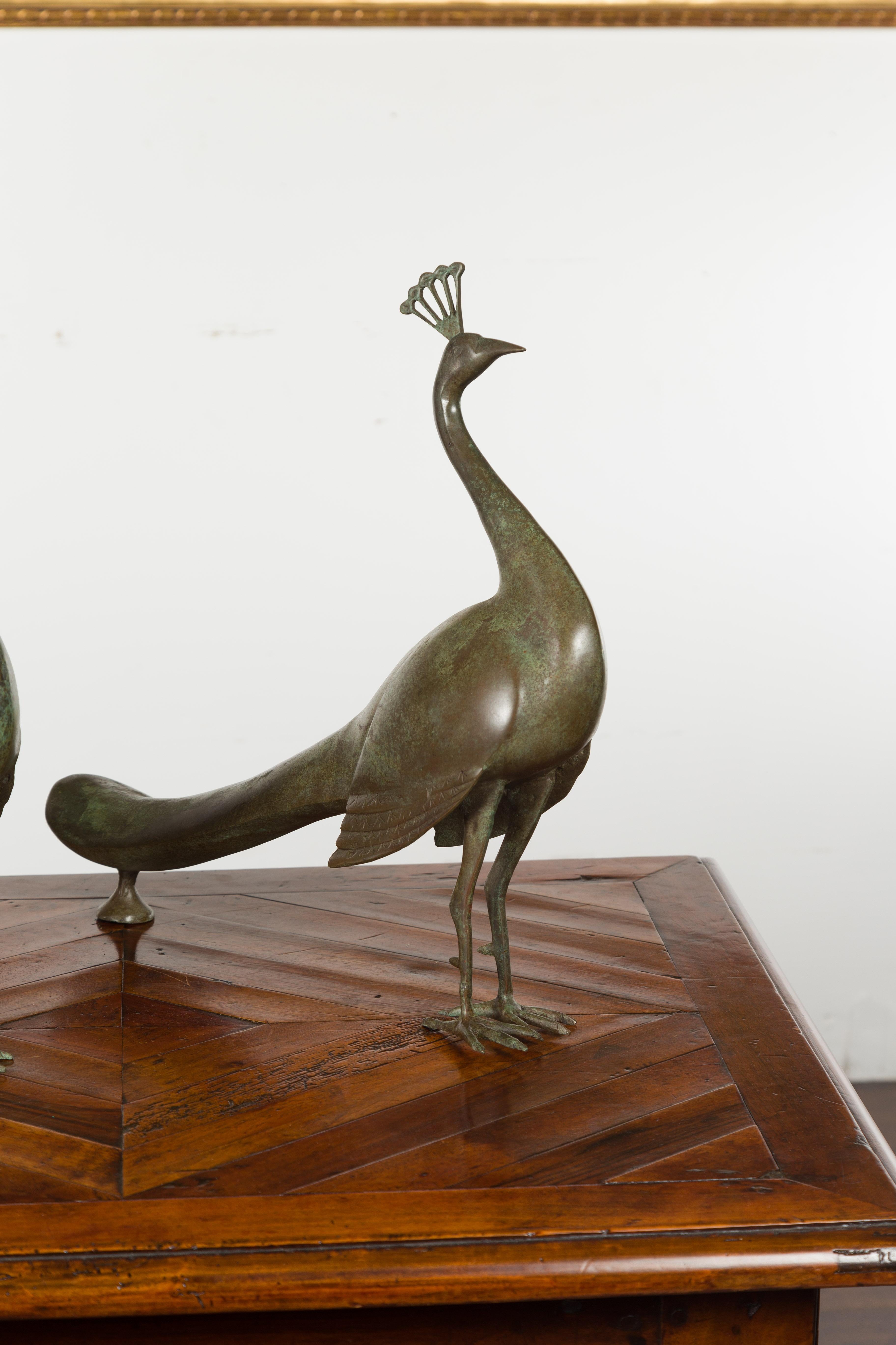 Pair of Vintage French Midcentury Metal Peacocks with Verdigris Patina In Good Condition For Sale In Atlanta, GA