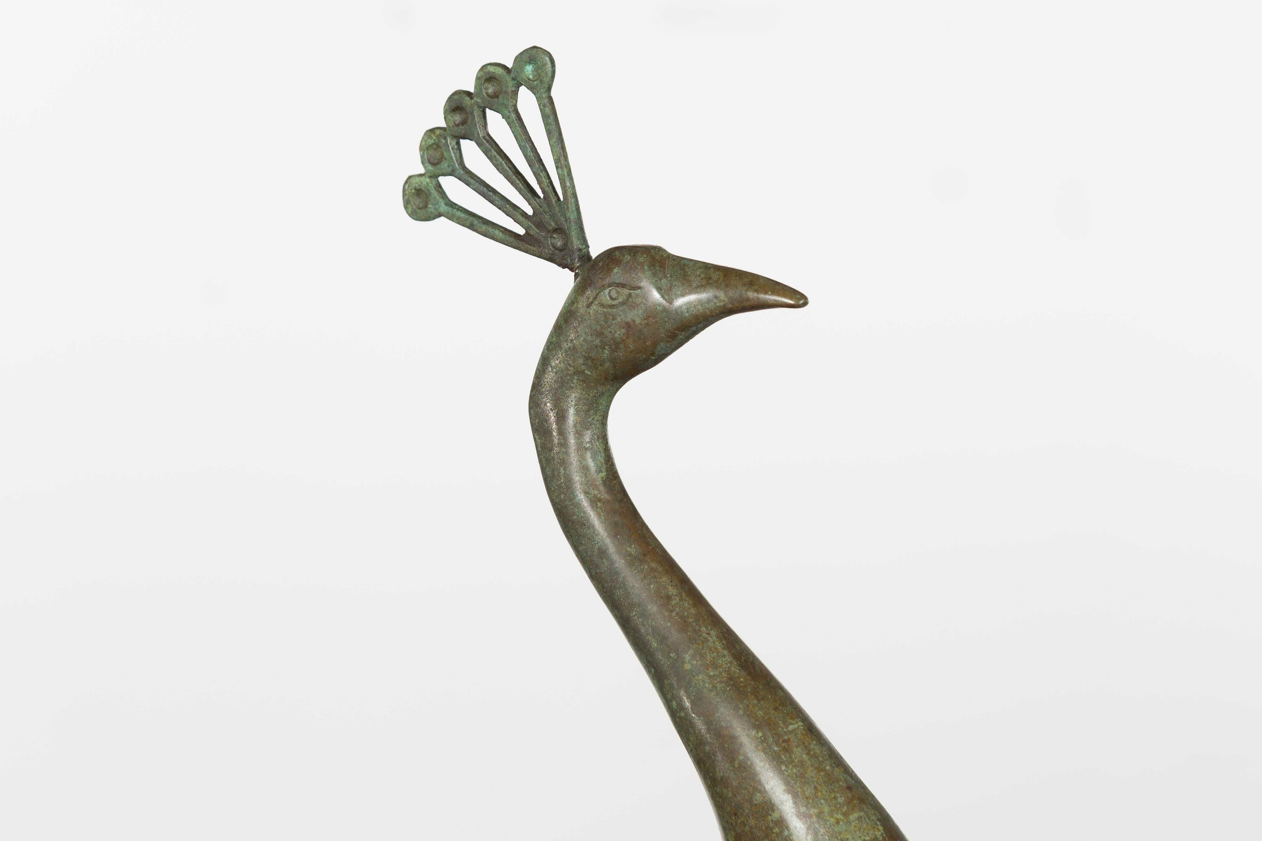 20th Century Pair of Vintage French Midcentury Metal Peacocks with Verdigris Patina For Sale