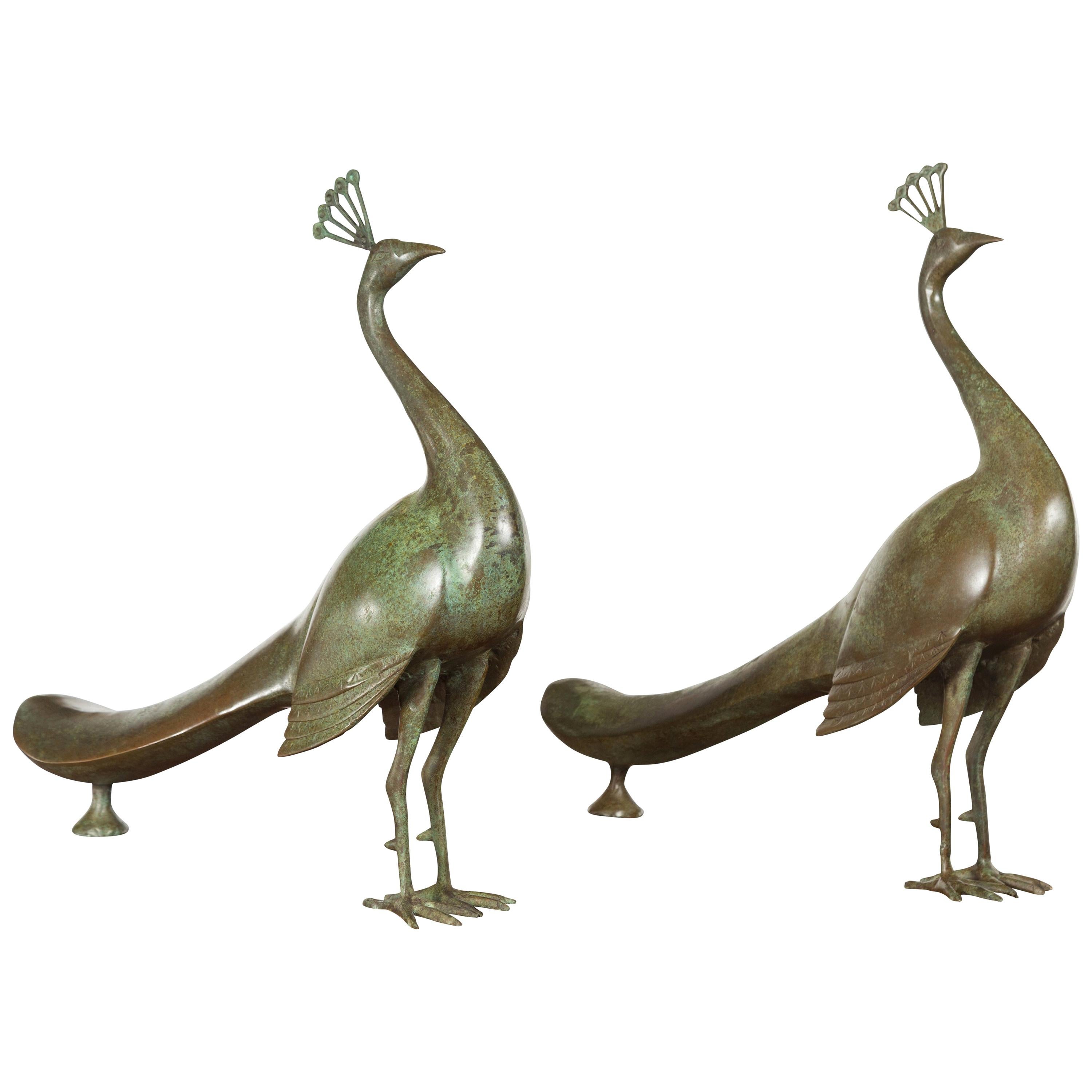 Pair of Vintage French Midcentury Metal Peacocks with Verdigris Patina For Sale