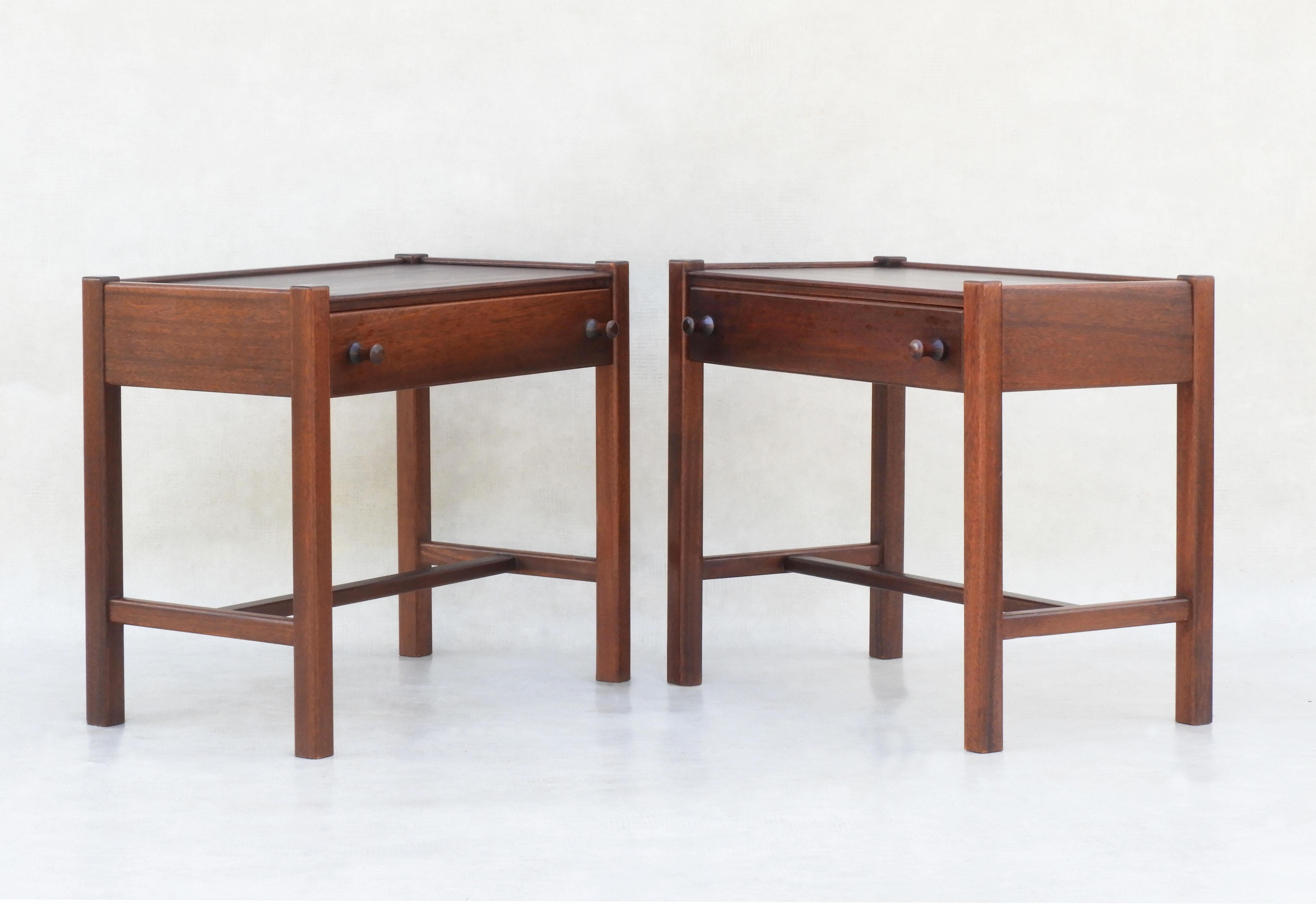 Pair of Vintage nightstands or sofa end tables c1970 France. Stylish and versatile, these single-drawer side tables will sit easily in almost any room and, as they are finished on all four sides, do not need to be placed against a wall. 
Well-made