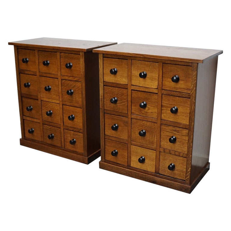 Pair of Vintage French Oak Apothecary Cabinets 1930s For Sale at