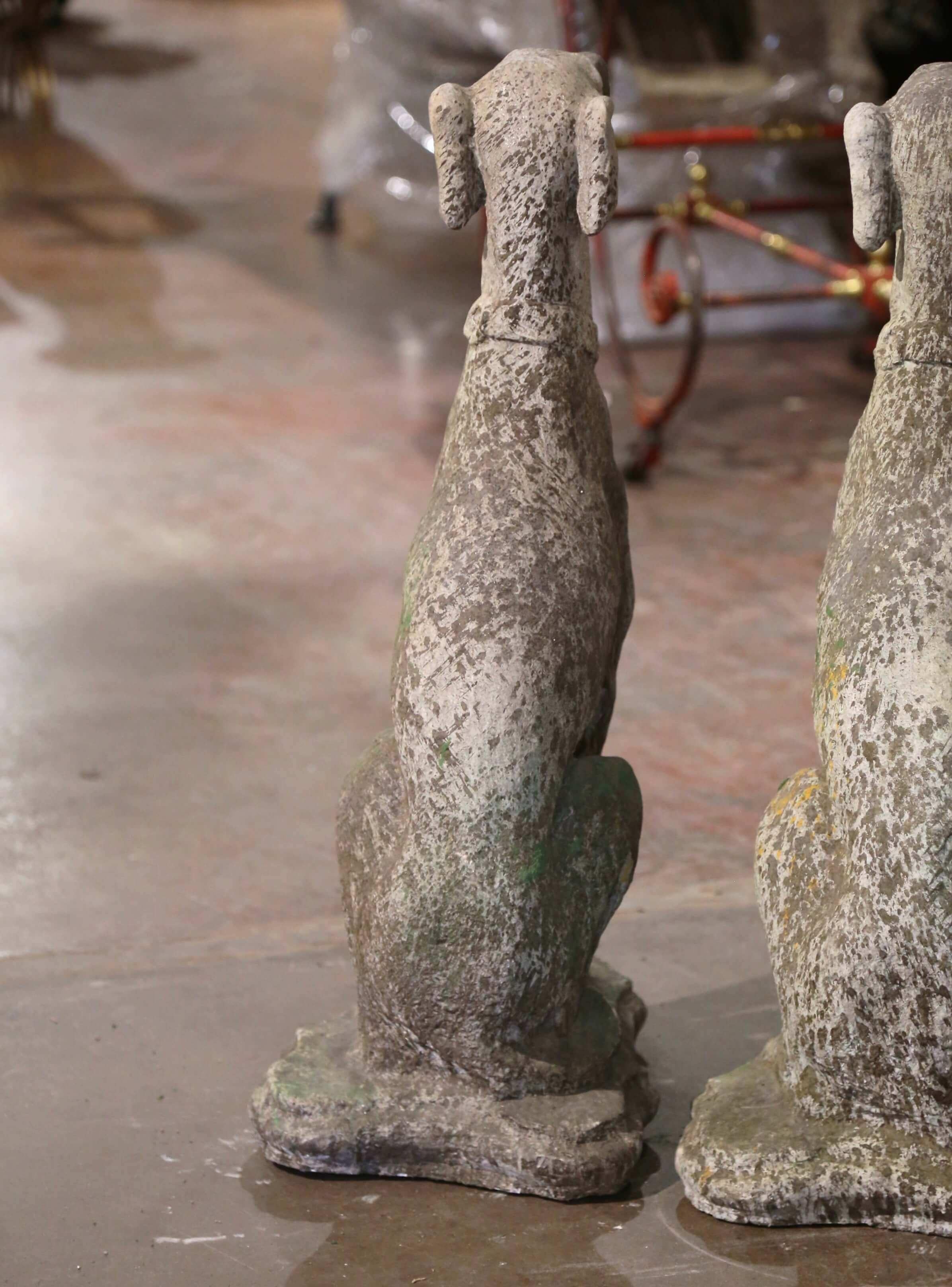 Pair of Vintage French Outdoor Weathered Carved Stone Greyhound Dog Sculptures 4
