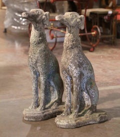 Pair of Vintage French Outdoor Weathered Carved Stone Greyhound Dog Sculptures
