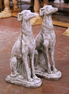 Pair of Vintage French Outdoor Weathered Carved Stone Greyhound Dog Sculptures