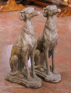 Pair of Vintage French Outdoor Weathered Carved Stone Greyhound Dog Sculptures