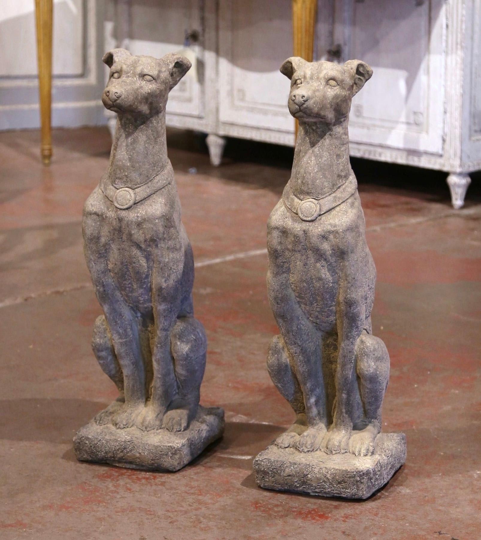 Patinated Pair of Vintage French Outdoor Weathered Carved Stone Greyhound Dog Sculptures